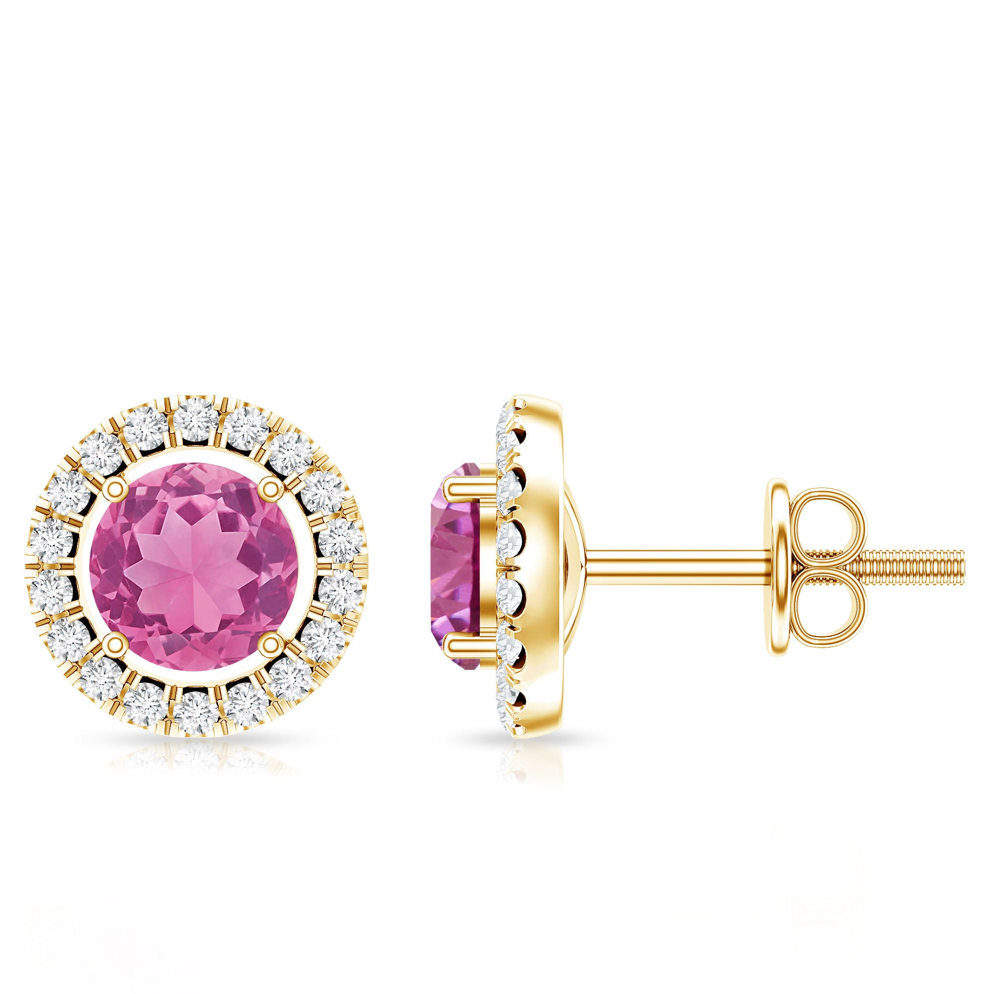 Natural Pink Tourmaline and Diamond Halo Stud Earrings AAA - Rosec Jewels