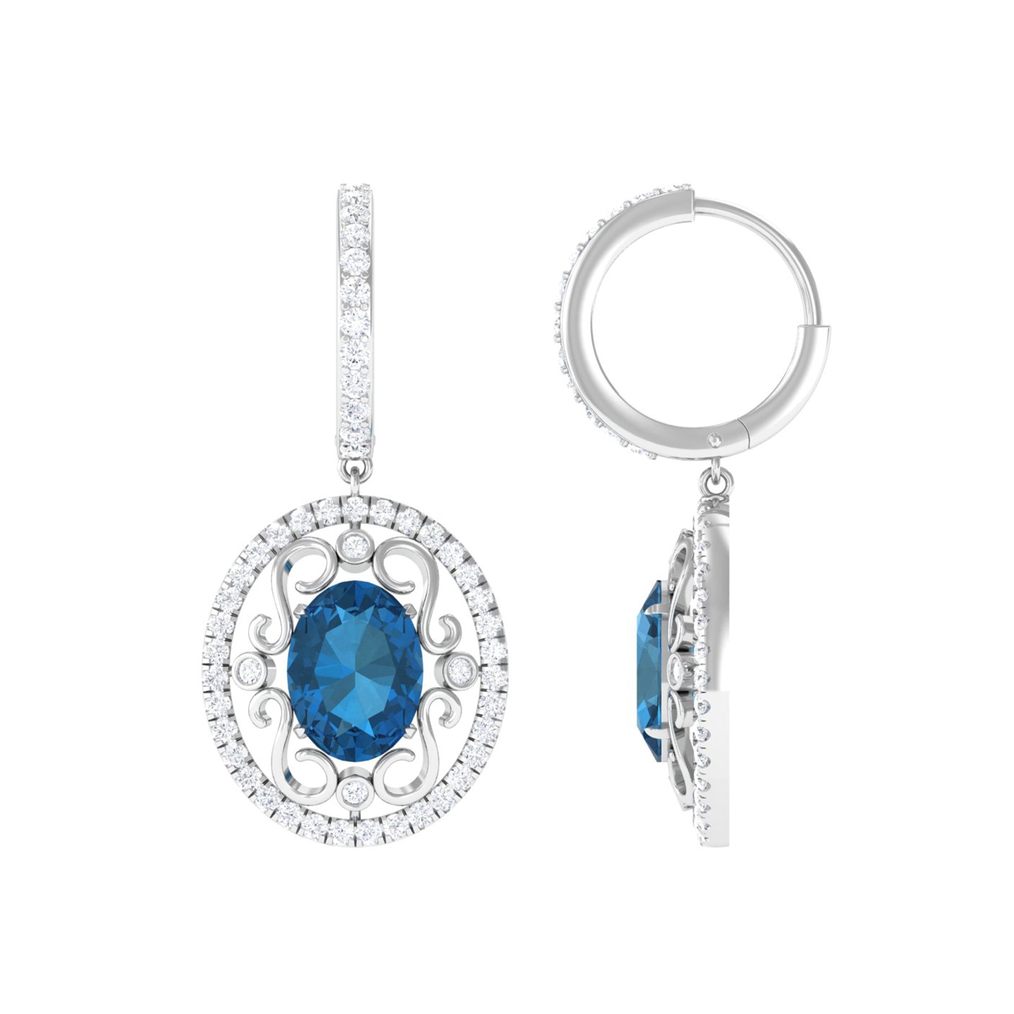 Vintage Inspired London Blue Topaz and Diamond Wedding Drop Earrings