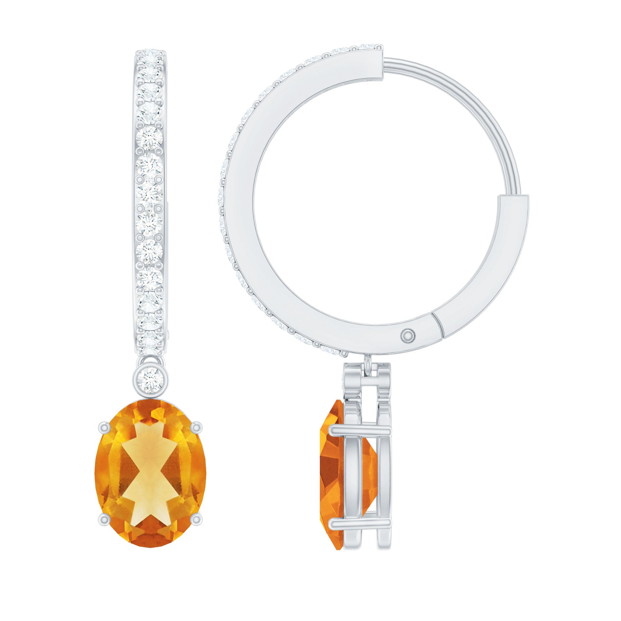 Oval Shape Citrine Hoop Drop Earrings with Diamond AAA - Rosec Jewels