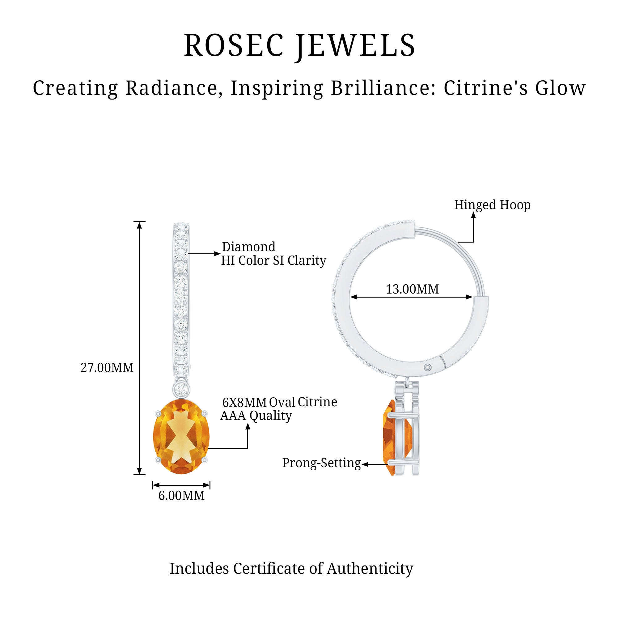 Oval Shape Citrine Hoop Drop Earrings with Diamond AAA - Rosec Jewels