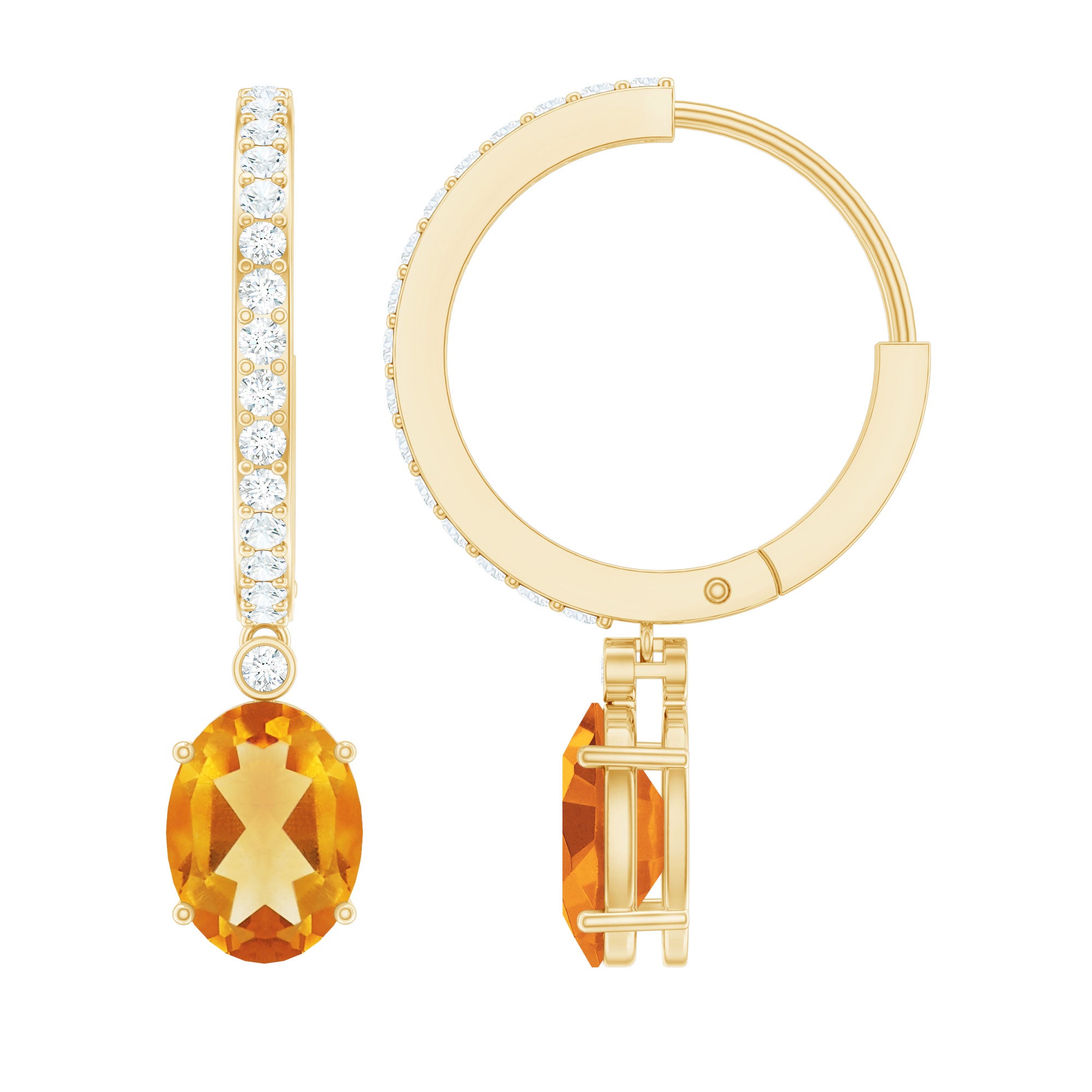 Oval Shape Citrine Hoop Drop Earrings with Diamond AAA - Rosec Jewels