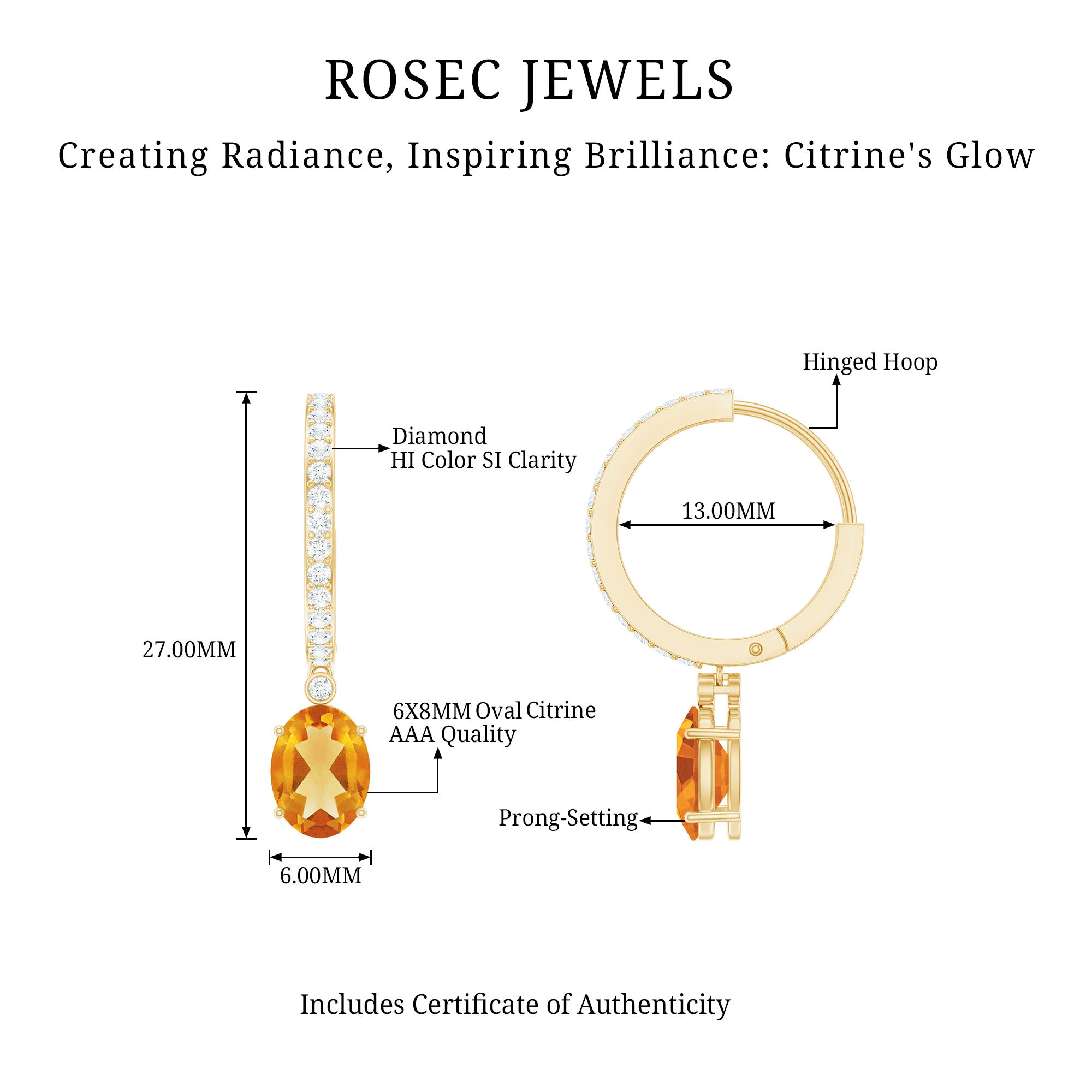 Oval Shape Citrine Hoop Drop Earrings with Diamond AAA - Rosec Jewels