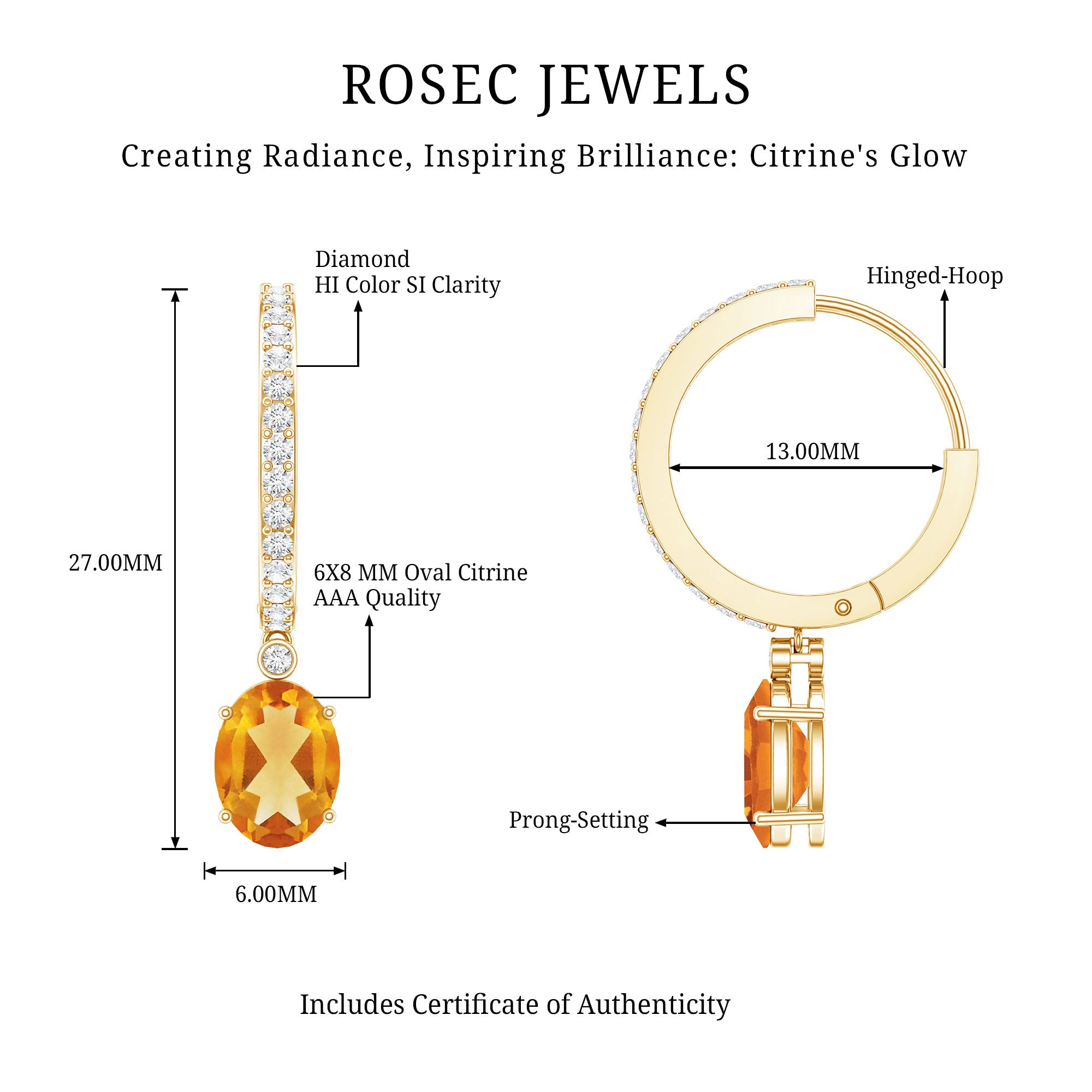 Oval Shape Citrine Hoop Drop Earrings with Diamond AAA - Rosec Jewels