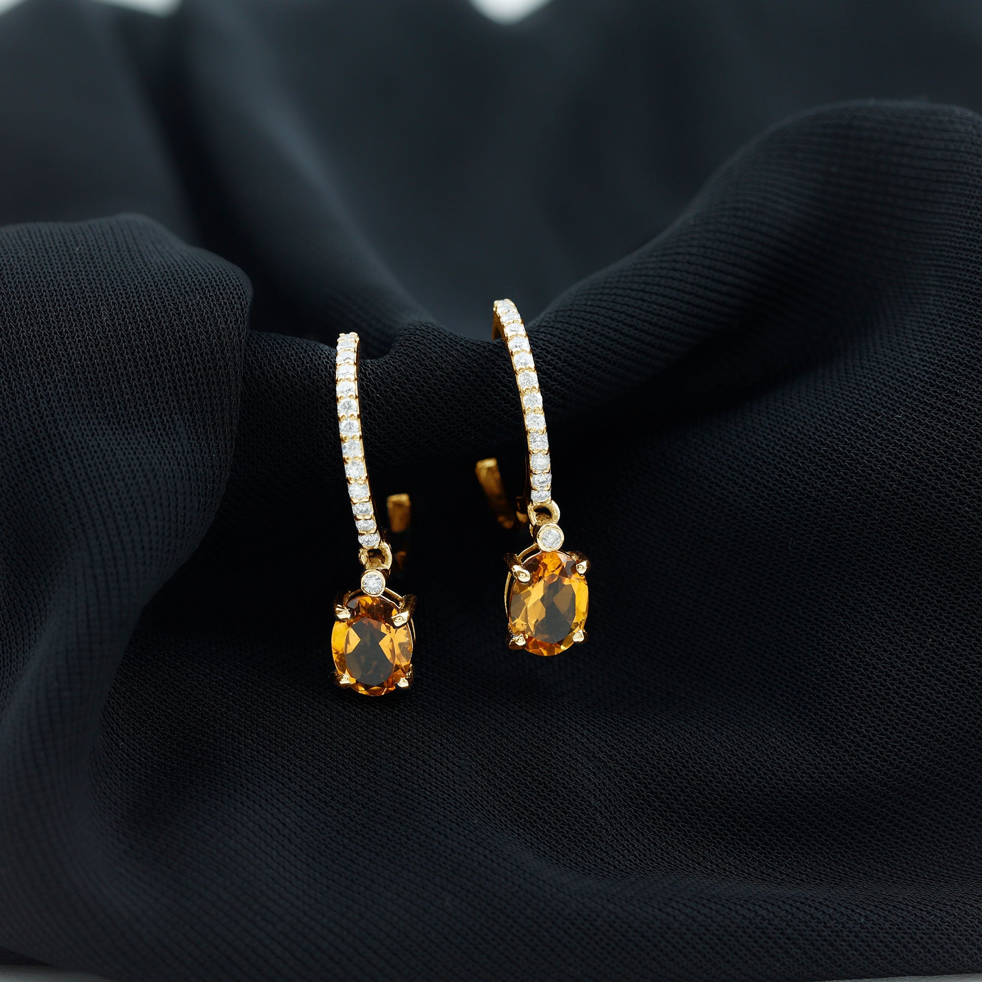 Oval Shape Citrine Hoop Drop Earrings with Diamond AAA - Rosec Jewels