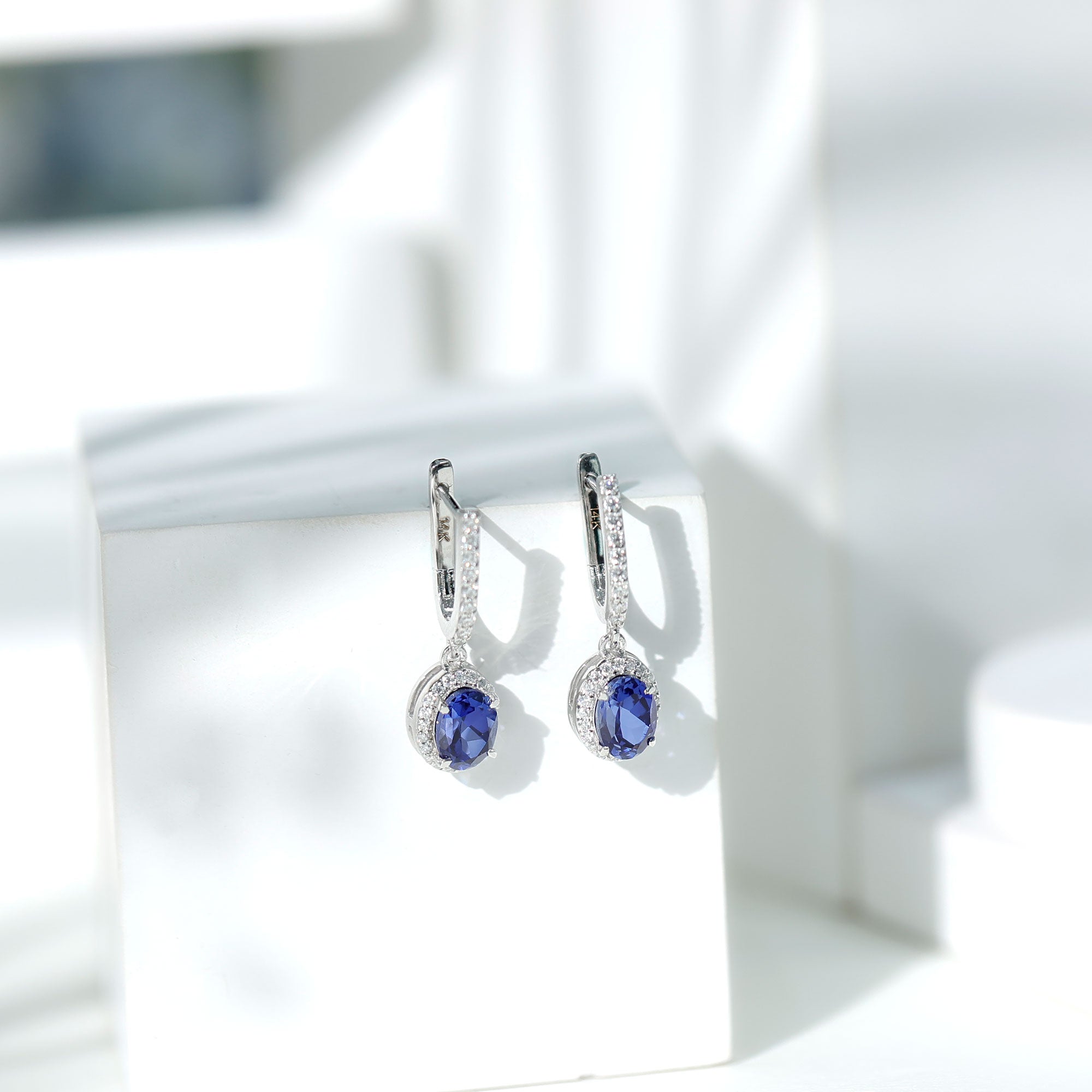 Lab Grown Blue Sapphire Hoop Drop Earrings with Moissanite Halo AAAA - Rosec Jewels