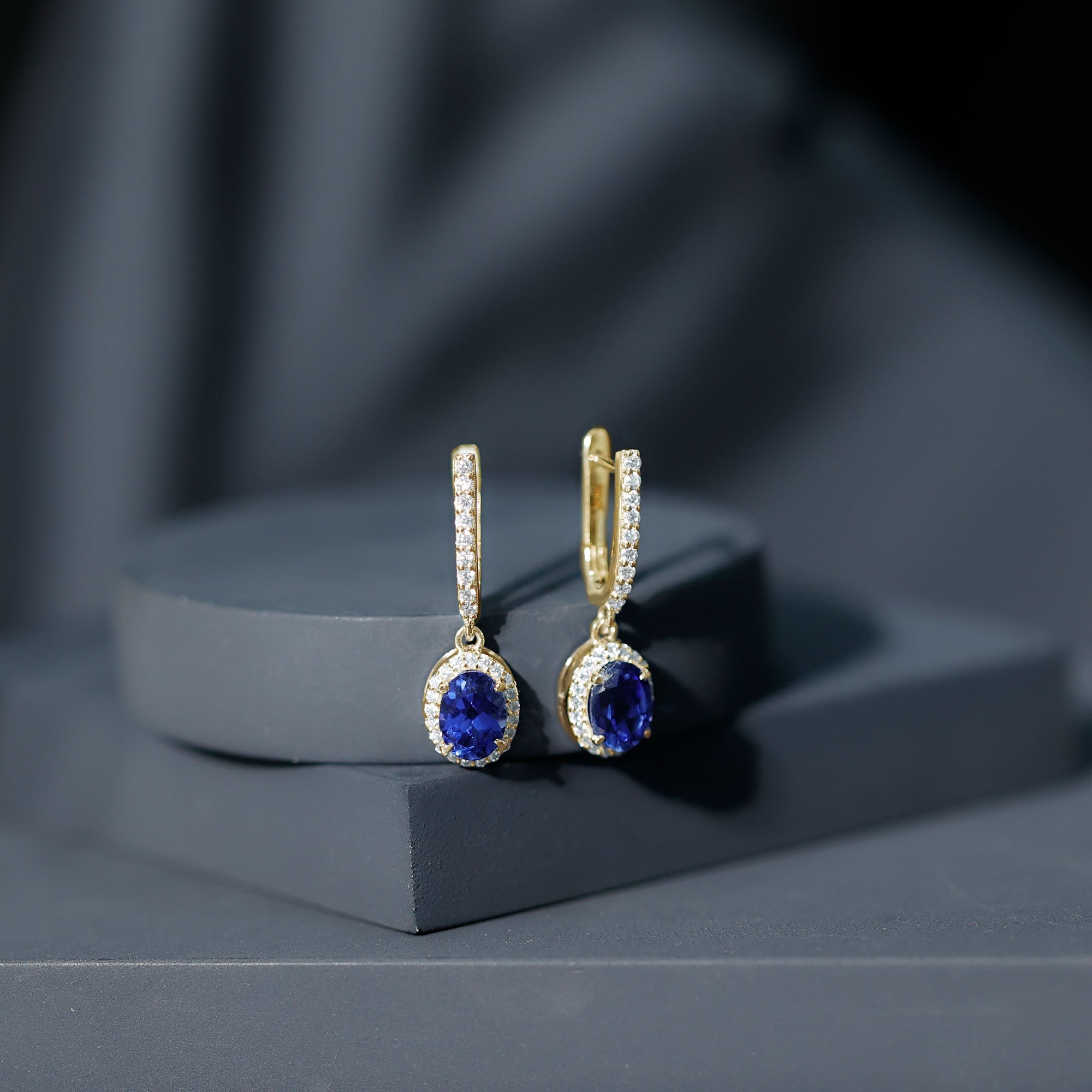 Lab Grown Blue Sapphire Hoop Drop Earrings with Moissanite Halo AAAA - Rosec Jewels