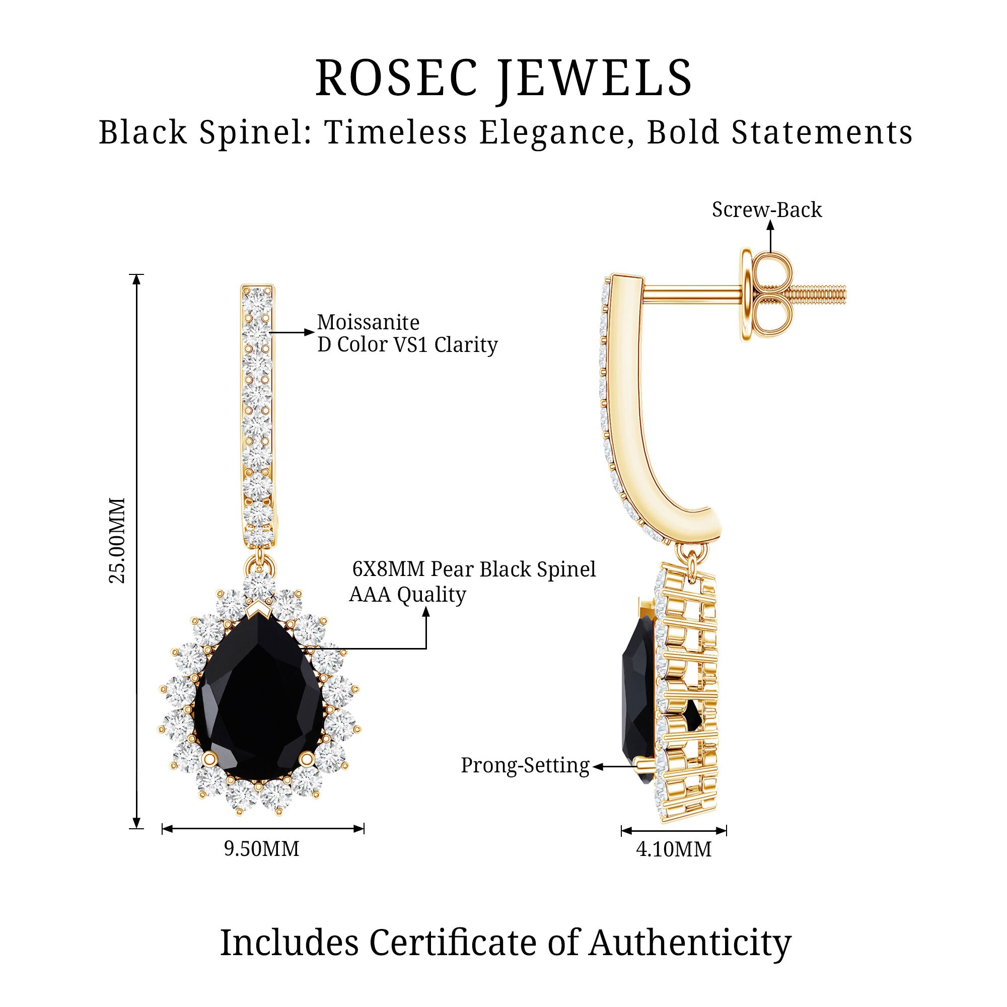 Natural 6X8mm Black Spinel Teardrop Earrings with Moissanite Halo AAA - Rosec Jewels