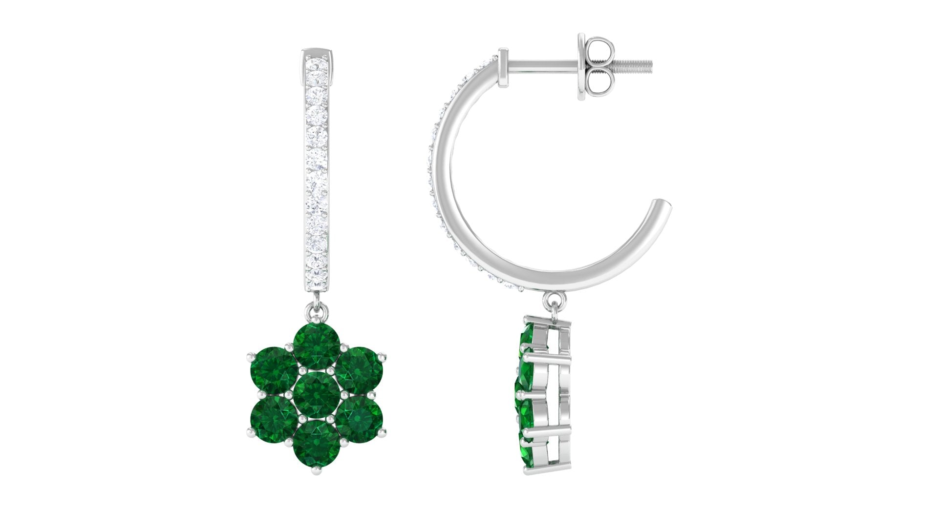 Lab Created Emerald and Diamond Flower Hoop Drop Earrings
