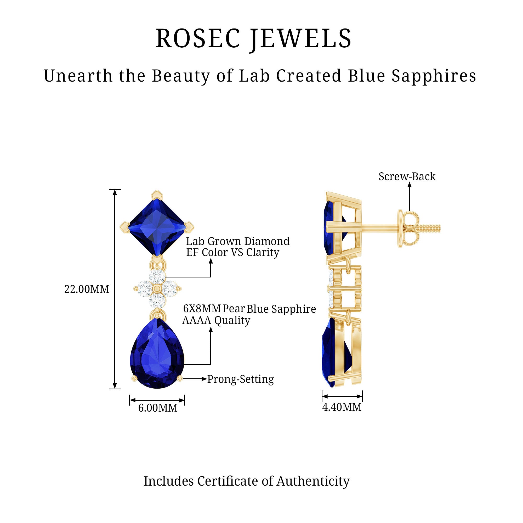 Lab Created Blue Sapphire and Diamond Wedding Drop Earrings AAAA - Rosec Jewels