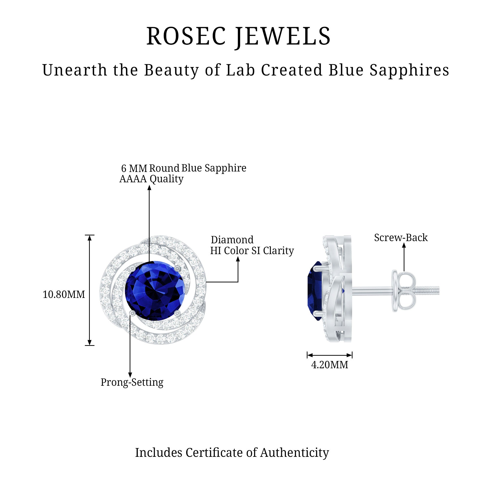 Lab Grown Blue Sapphire and Diamond Swirl Stud Earrings AAAA - Rosec Jewels