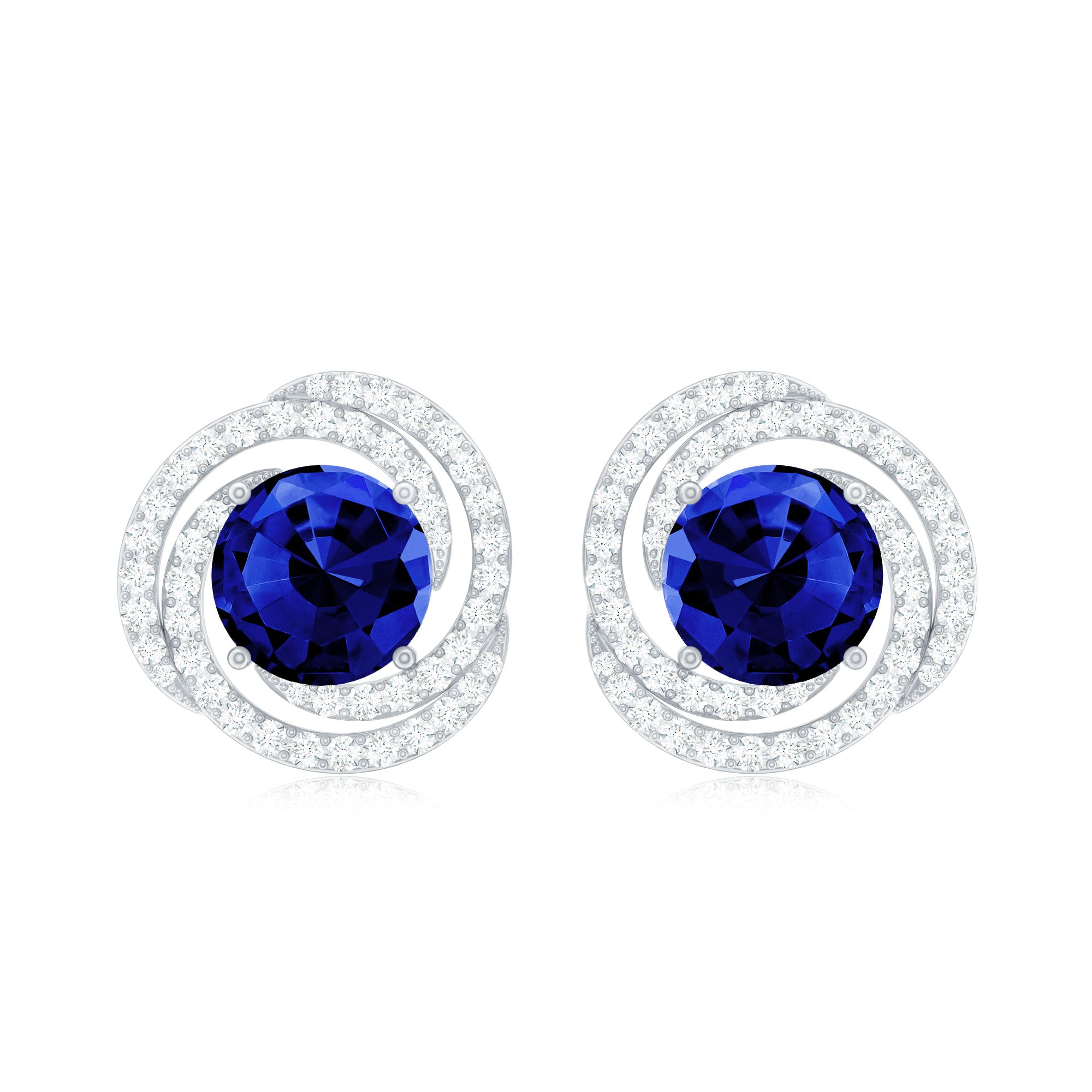 Lab Grown Blue Sapphire and Diamond Swirl Stud Earrings AAAA - Rosec Jewels