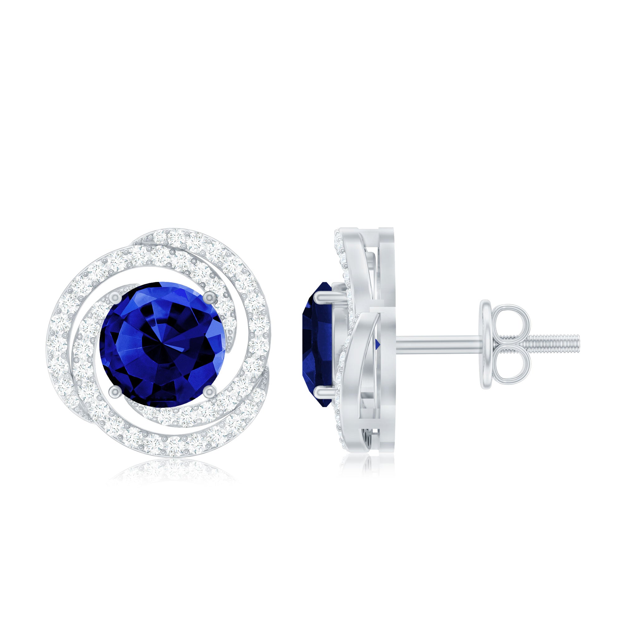 Lab Grown Blue Sapphire and Diamond Swirl Stud Earrings AAAA - Rosec Jewels