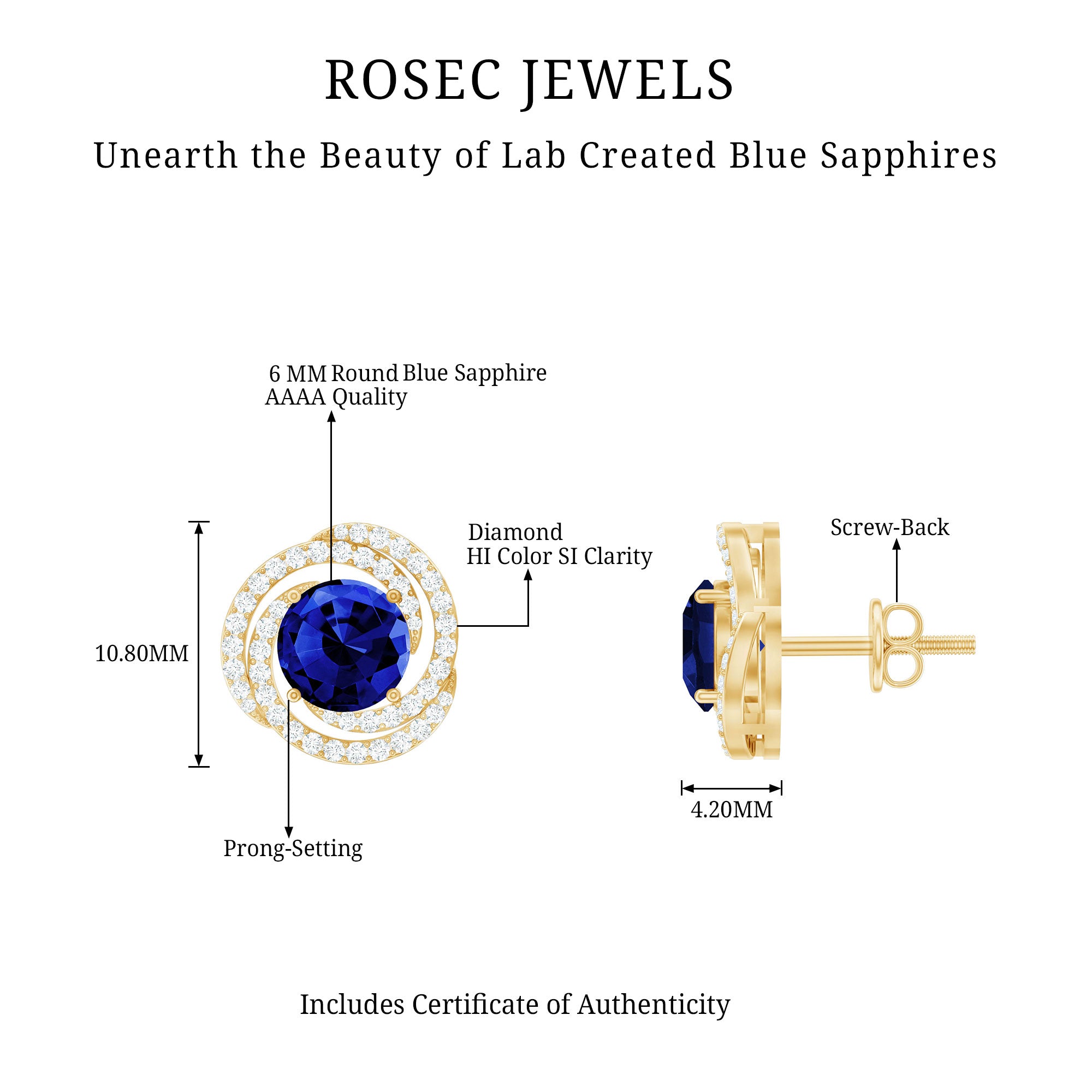 Lab Grown Blue Sapphire and Diamond Swirl Stud Earrings AAAA - Rosec Jewels