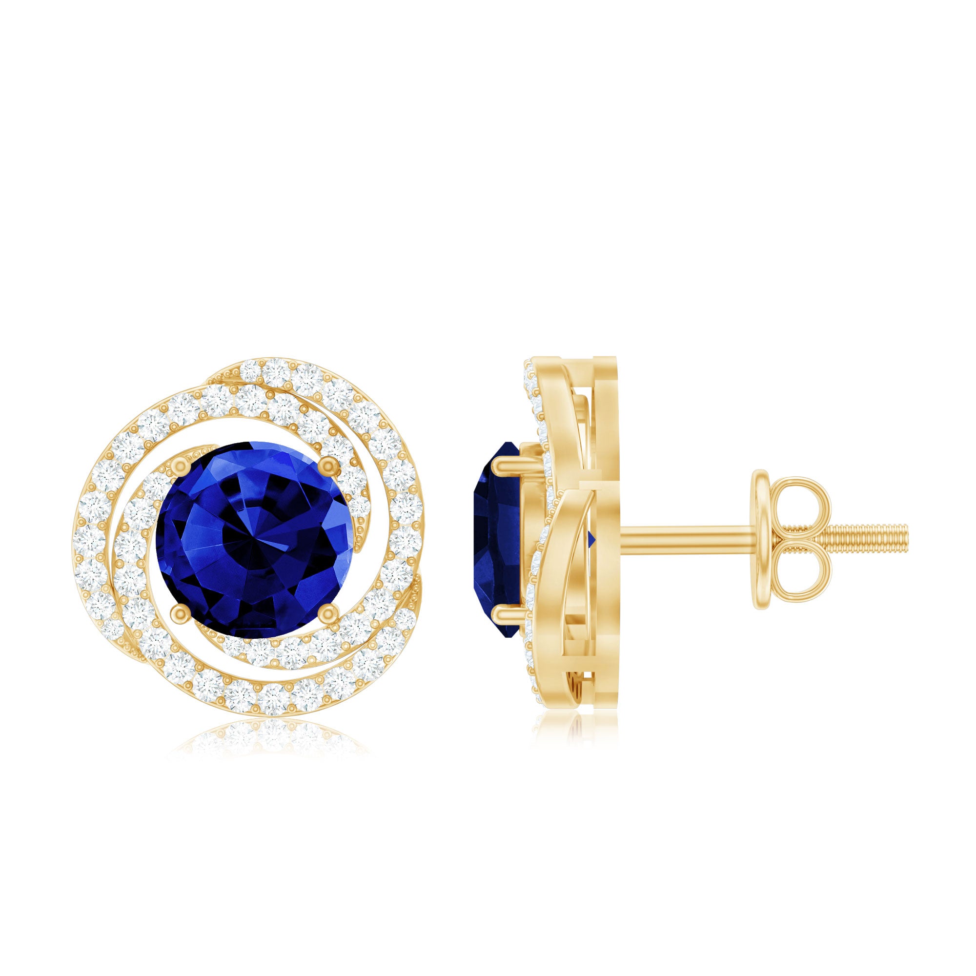 Lab Grown Blue Sapphire and Diamond Swirl Stud Earrings AAAA - Rosec Jewels
