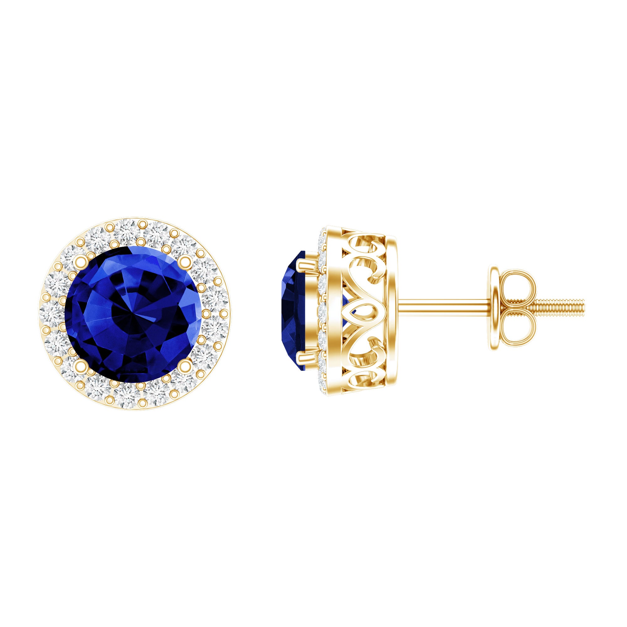 Round Lab Grown Blue Sapphire Stud Earrings With Moissanite Halo AAAA - Rosec Jewels