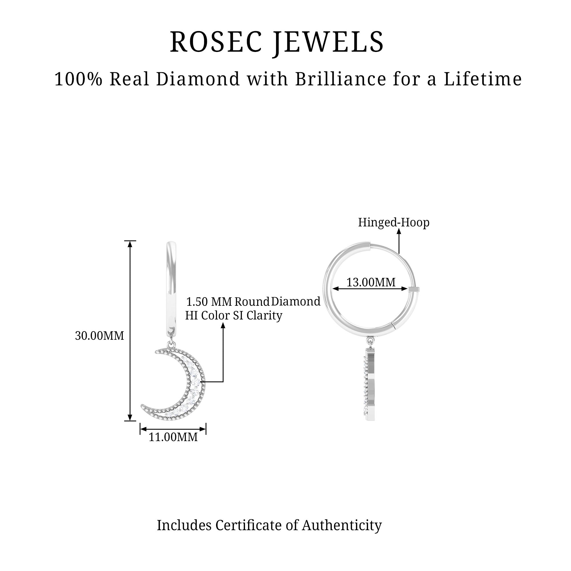 Certified Diamond Moon Drop Hoop Earrings Natural - ( HI-SI ) - Rosec Jewels