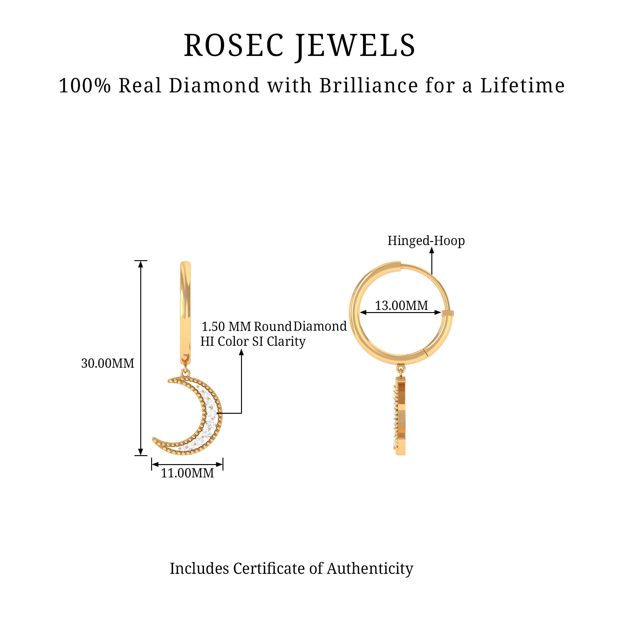 Certified Diamond Moon Drop Hoop Earrings Natural - ( HI-SI ) - Rosec Jewels