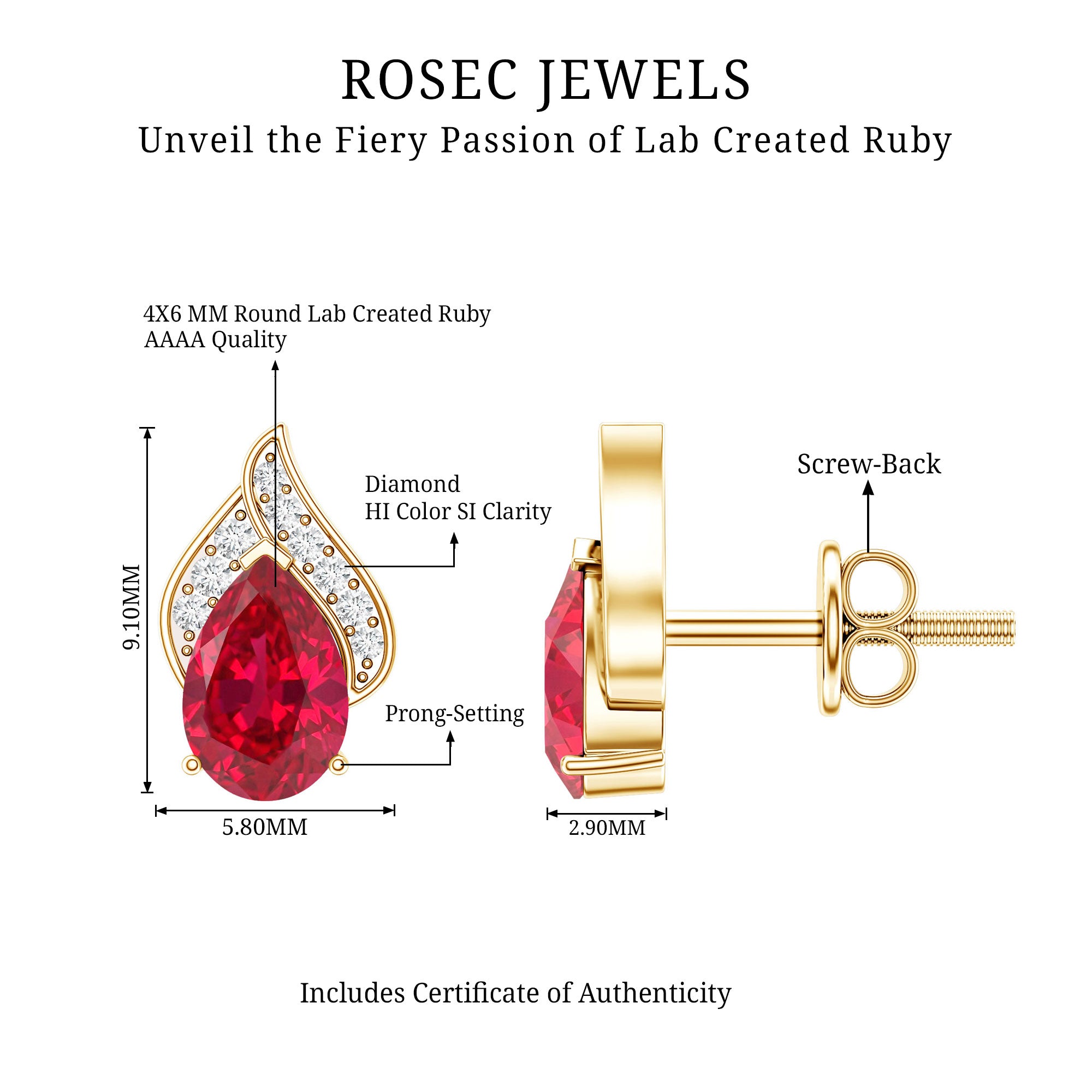 Pear Shaped Lab Created Ruby and Diamond Stud Earring AAAA - Rosec Jewels