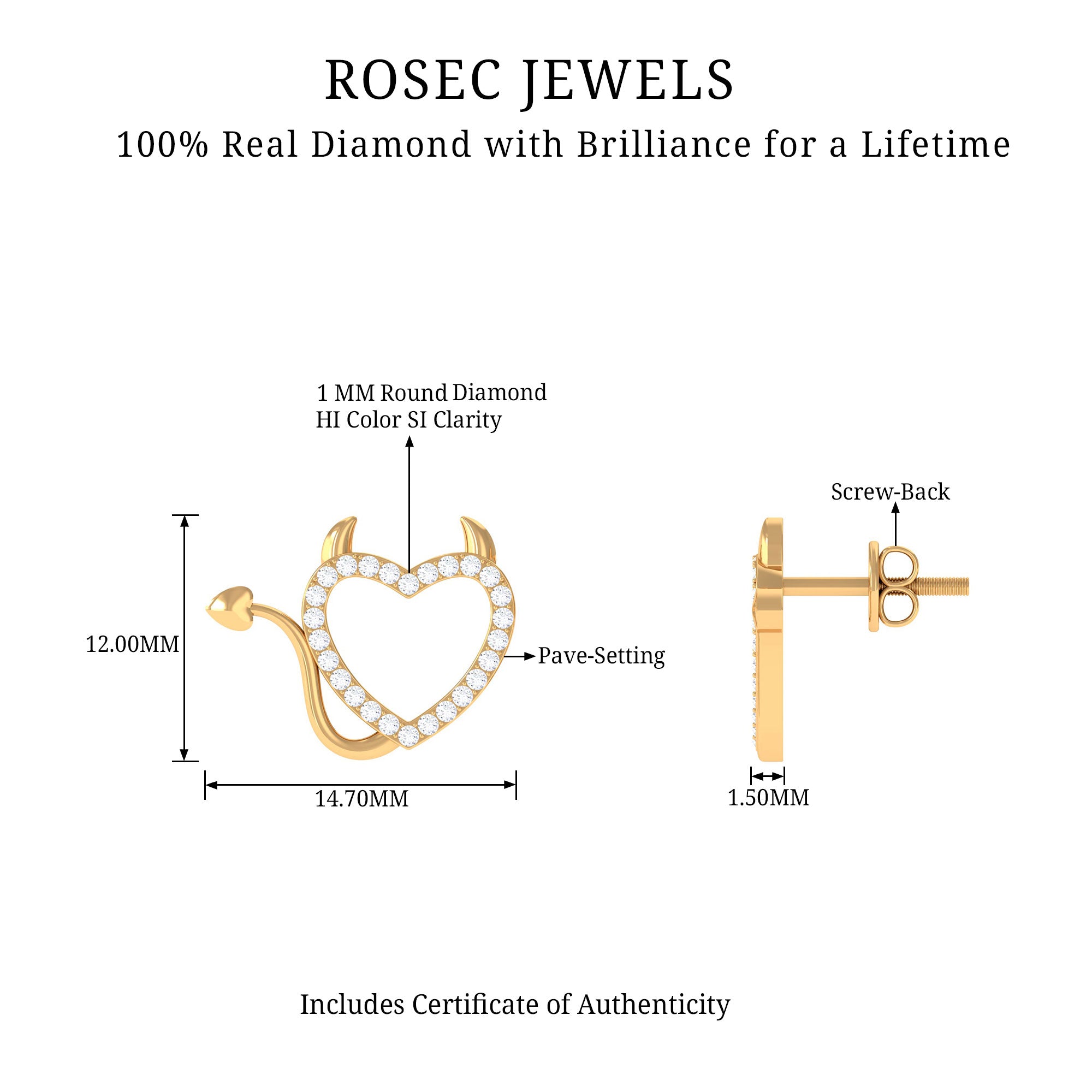 Round Diamond Devil Heart Earrings Natural - ( HI-SI ) - Rosec Jewels