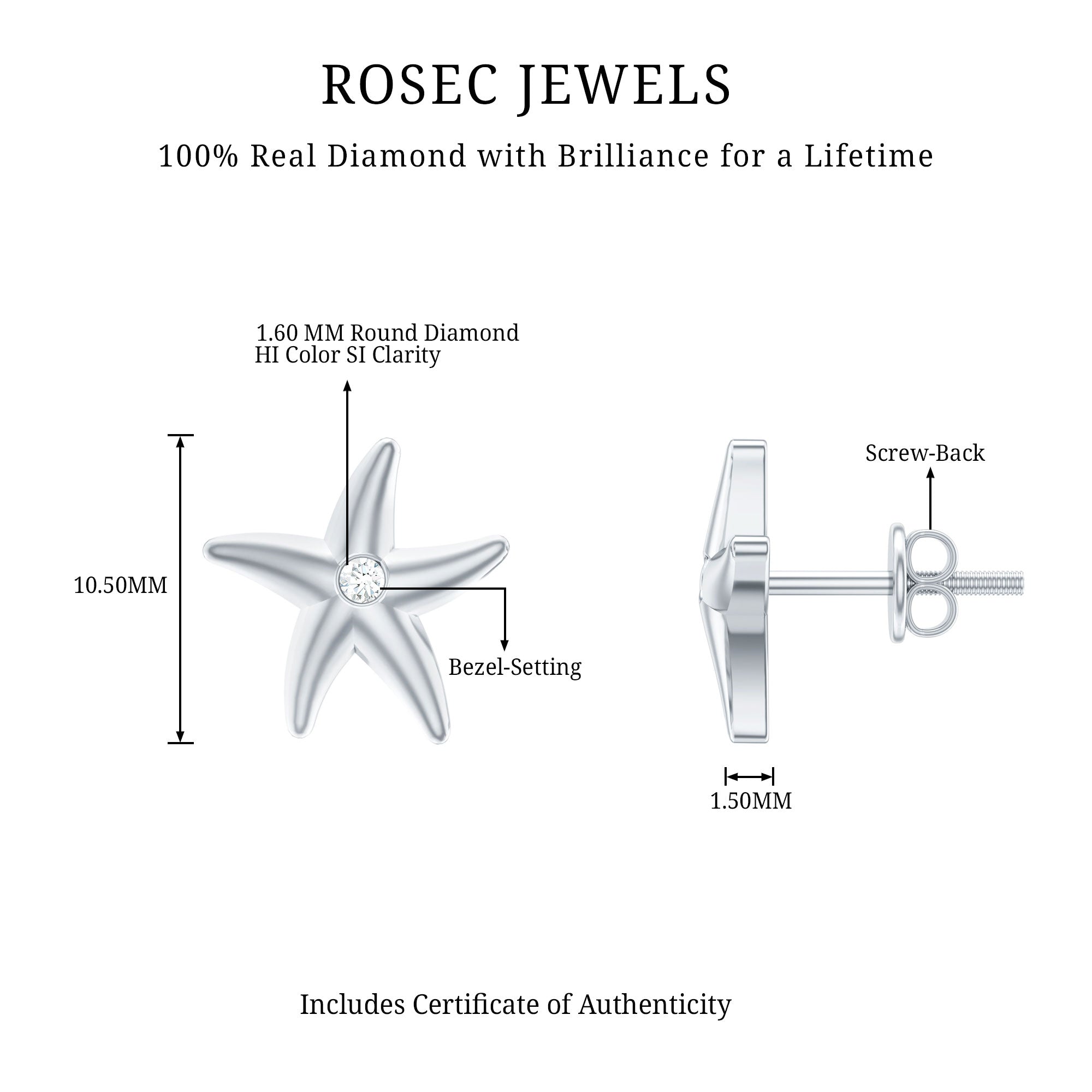 Diamond Starfish Stud Earrings for Women Natural - ( HI-SI ) - Rosec Jewels