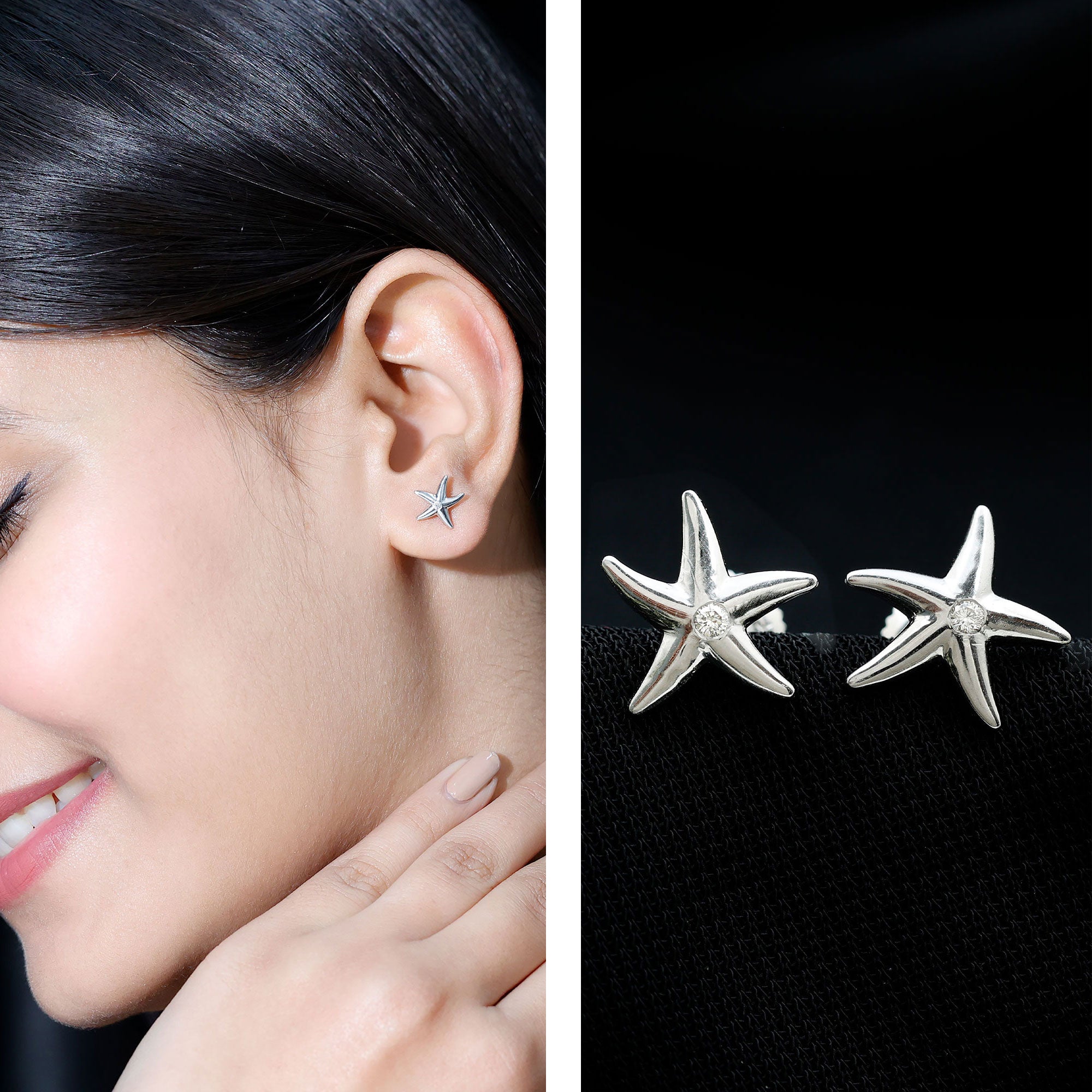 Diamond Starfish Stud Earrings for Women Natural - ( HI-SI ) - Rosec Jewels