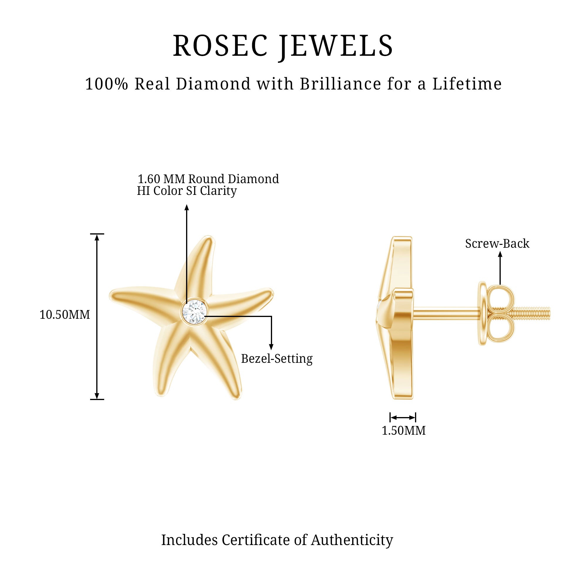 Diamond Starfish Stud Earrings for Women Natural - ( HI-SI ) - Rosec Jewels