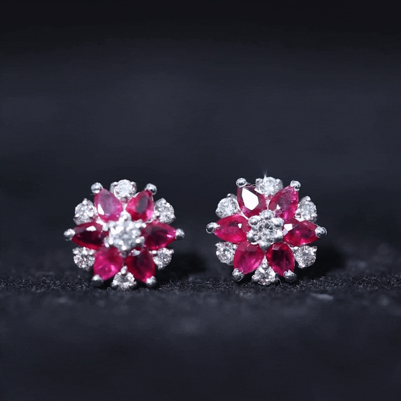 Pear Cut Ruby and Diamond Vintage Flower Earrings AAA - Rosec Jewels
