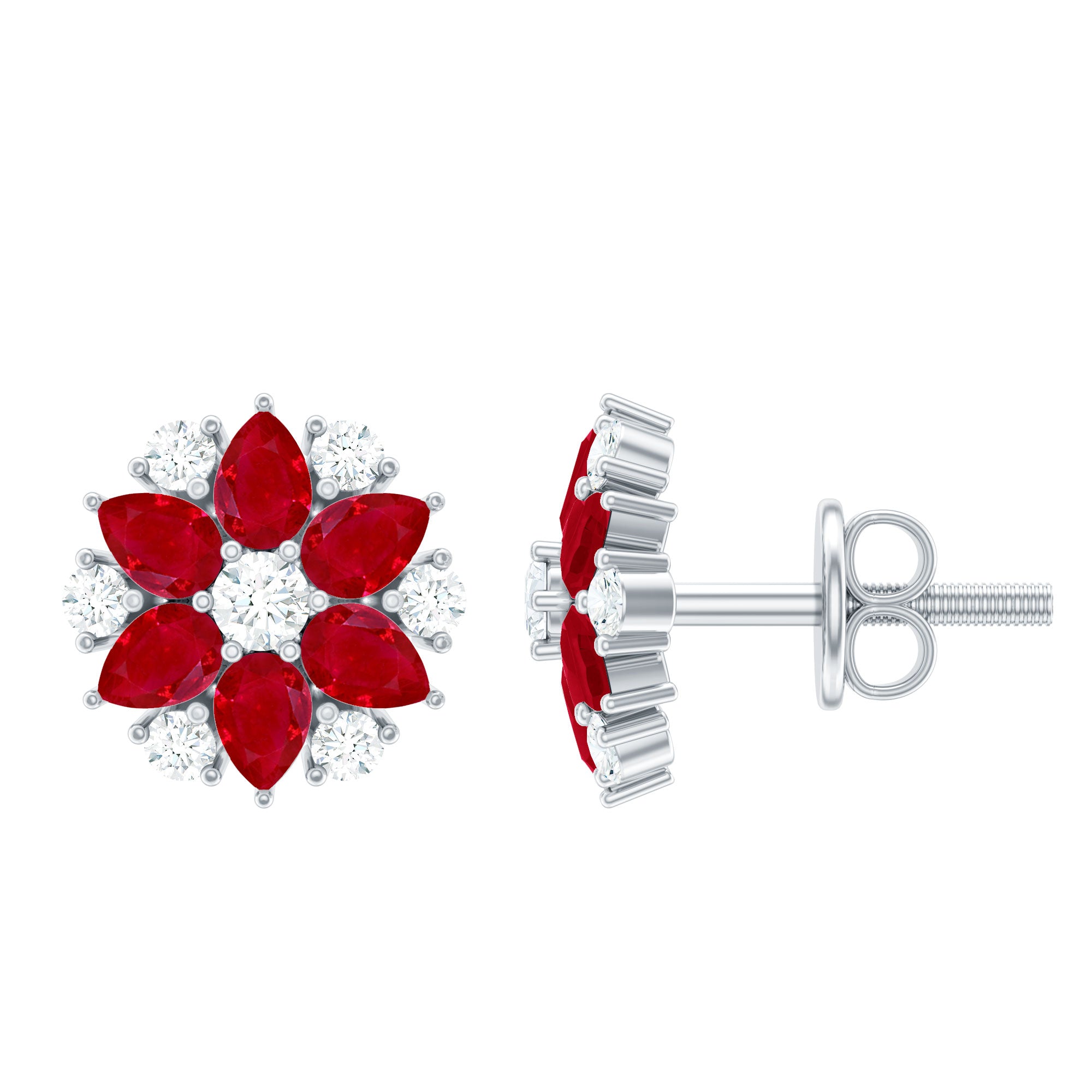 Pear Cut Ruby and Diamond Flower Stud Earrings
