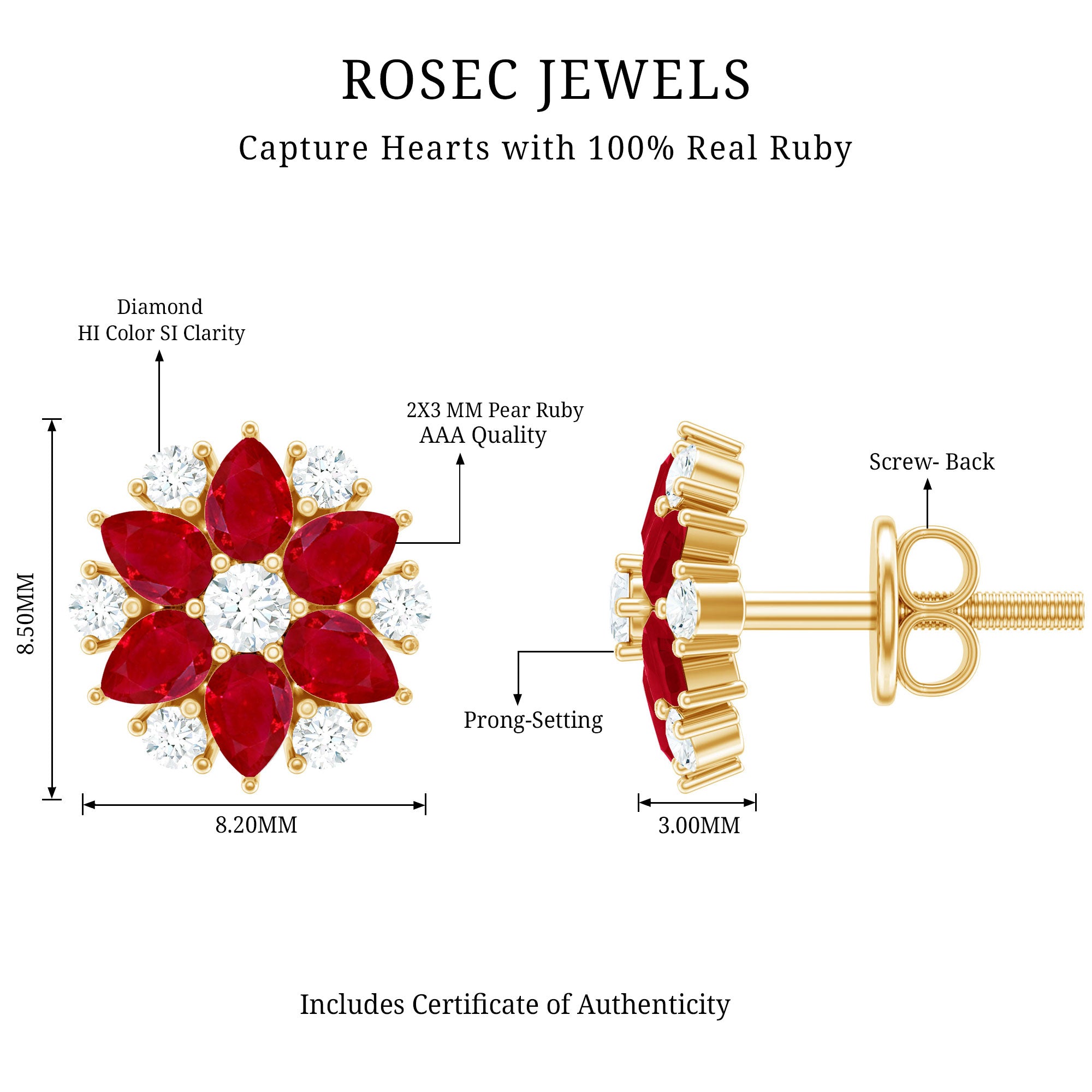 Pear Cut Ruby and Diamond Vintage Flower Earrings AAA - Rosec Jewels