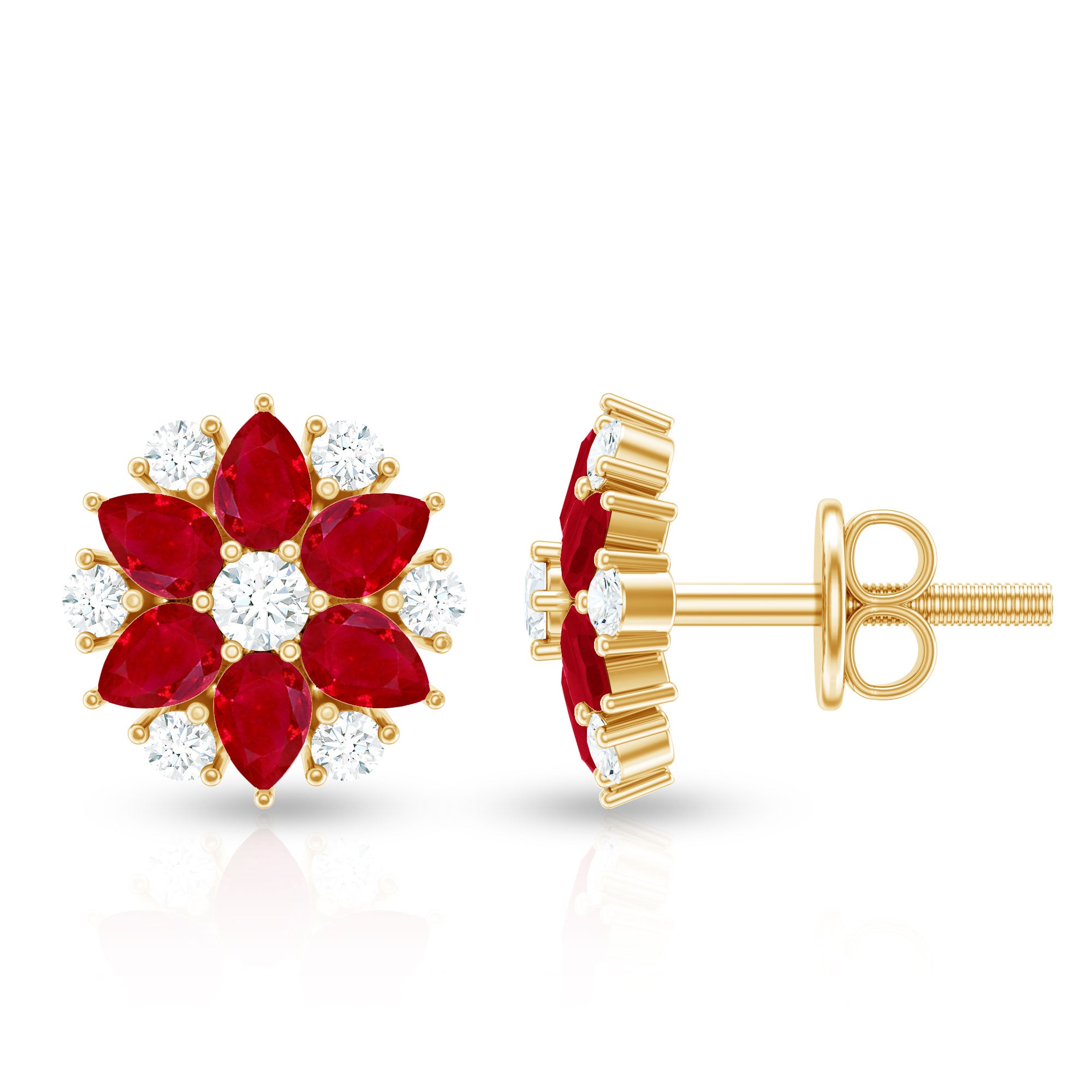 Pear Cut Ruby and Diamond Vintage Flower Earrings AAA - Rosec Jewels