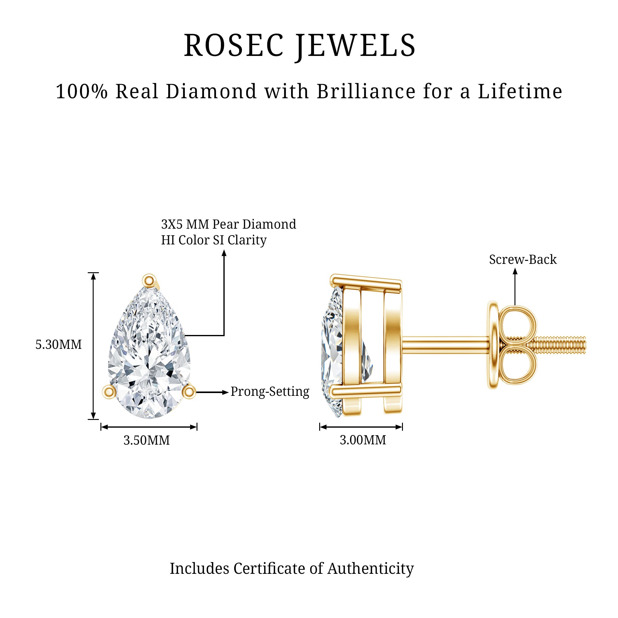Pear Cut Diamond Solitaire Stud Earrings Natural - ( HI-SI ) - Rosec Jewels