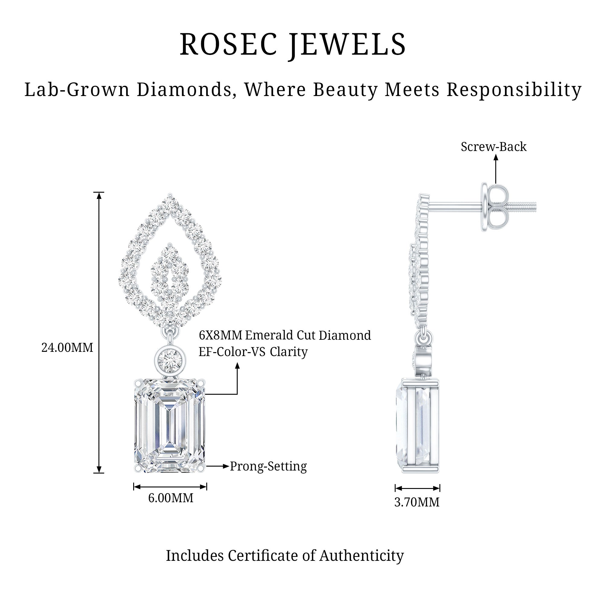 Emerald Cut Lab Grown Diamond Art Deco Drop Earrings Lab - ( EF-VS ) - Rosec Jewels