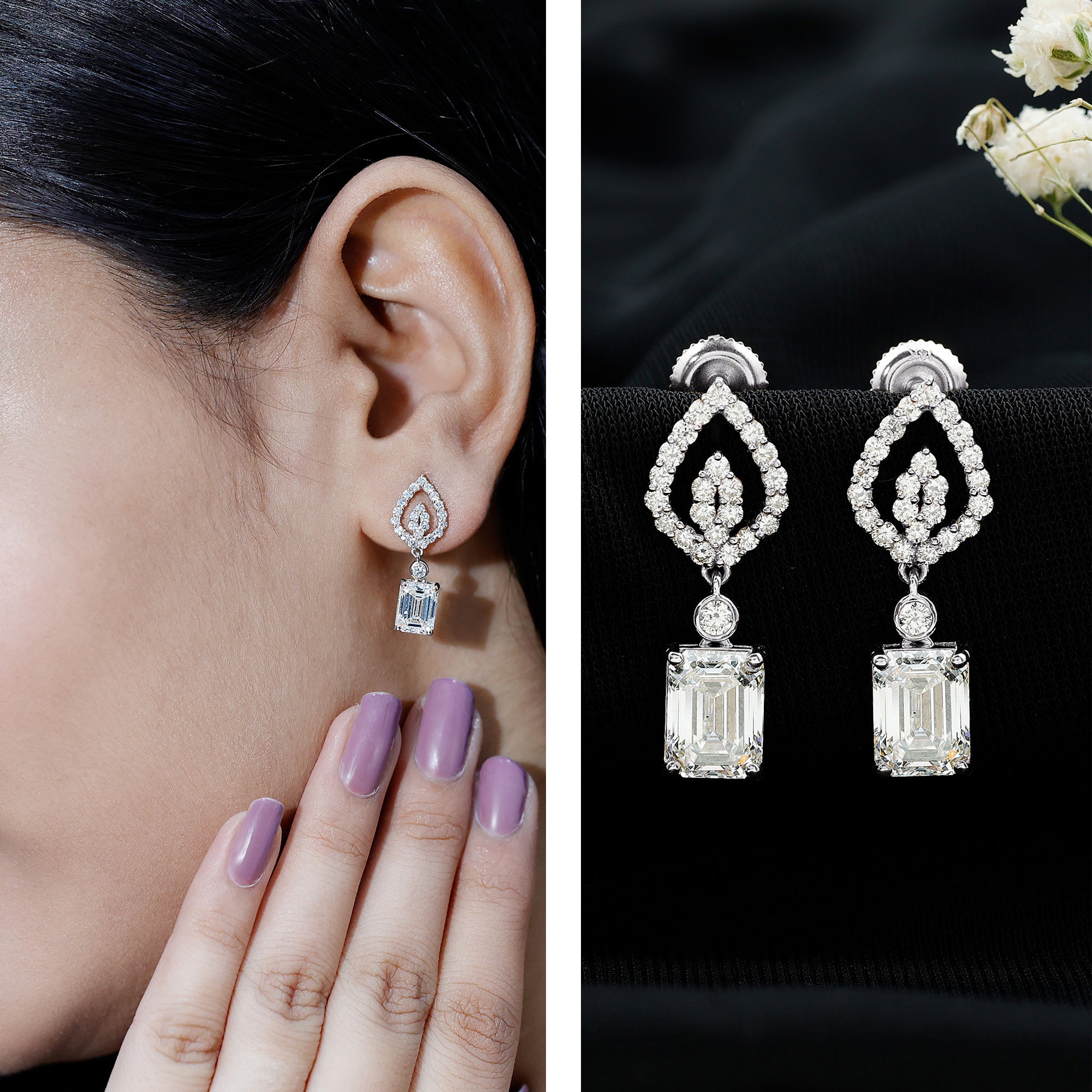 Emerald Cut Lab Grown Diamond Art Deco Drop Earrings Lab - ( EF-VS ) - Rosec Jewels