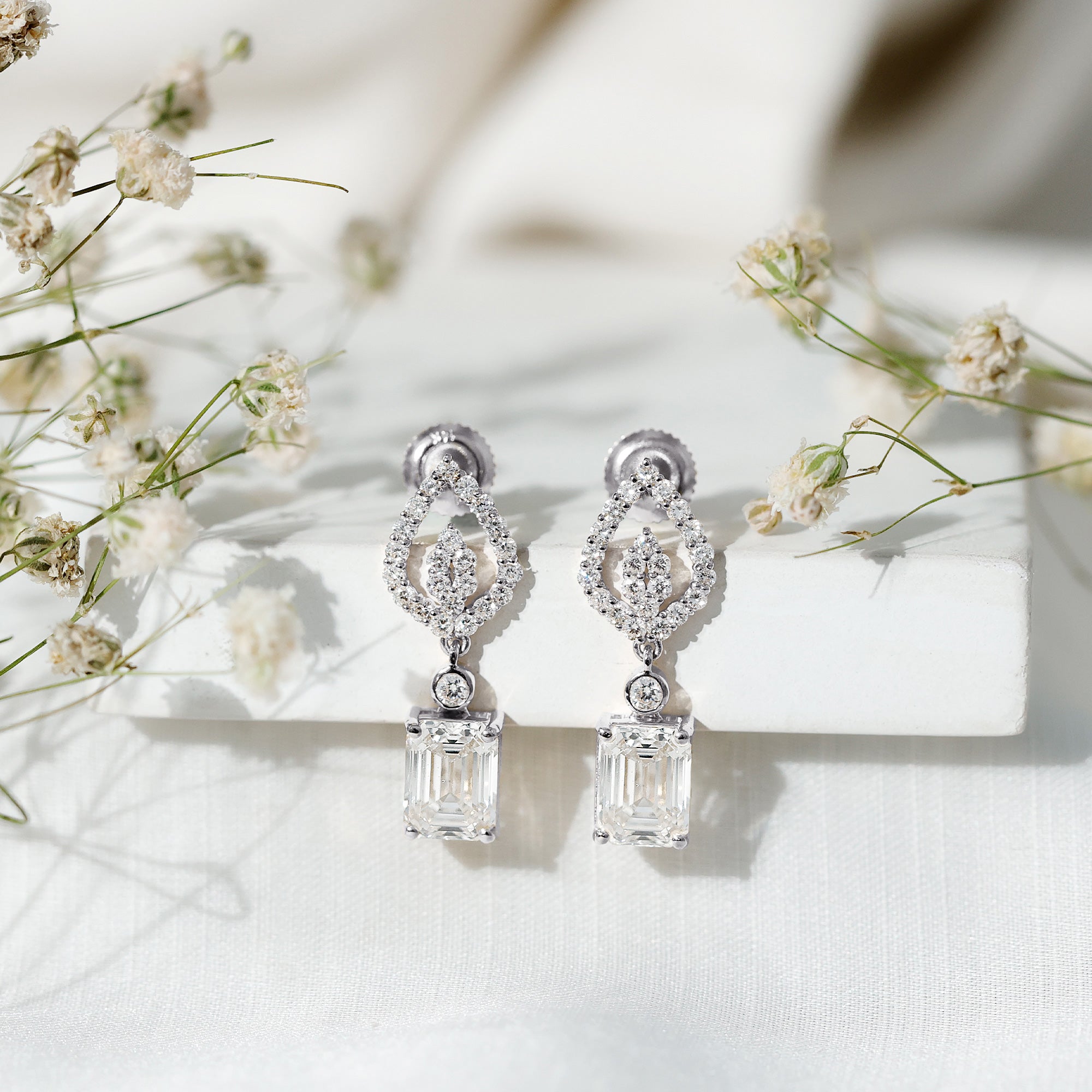 Emerald Cut Lab Grown Diamond Art Deco Drop Earrings Lab - ( EF-VS ) - Rosec Jewels