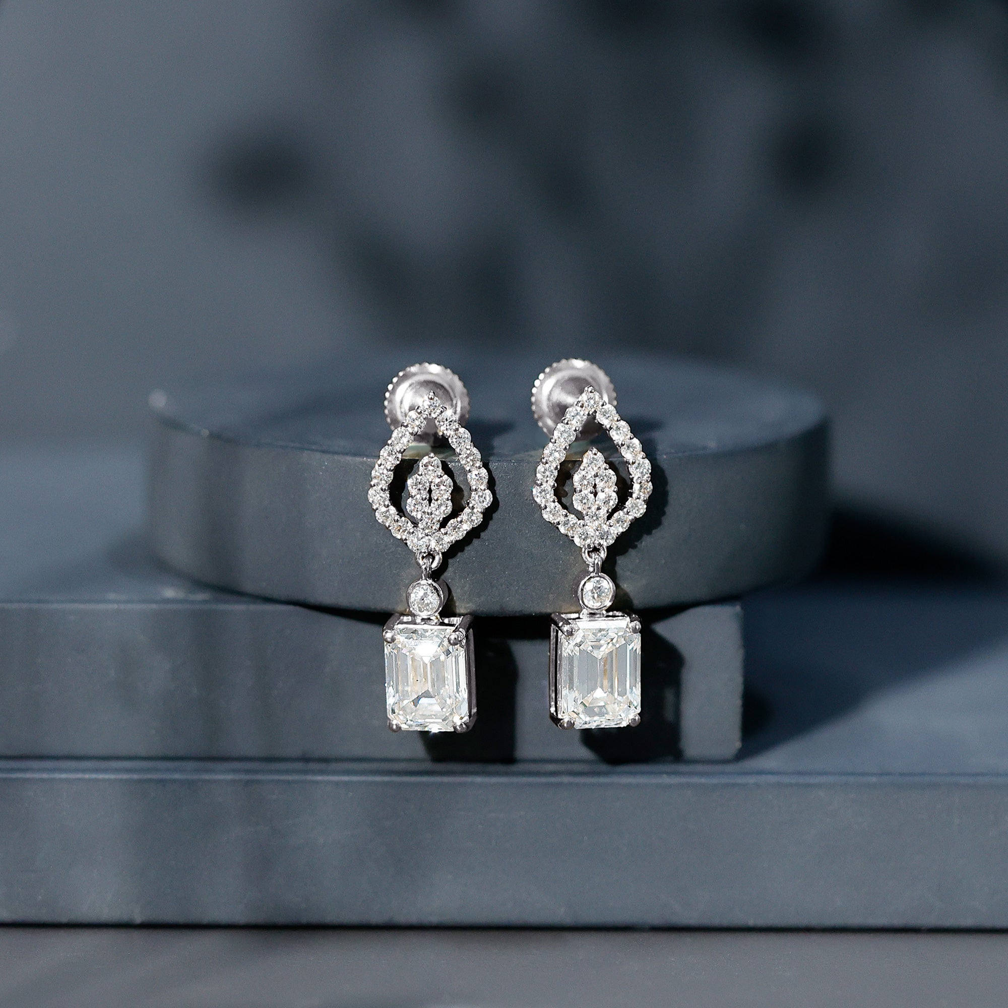 Emerald Cut Lab Grown Diamond Art Deco Drop Earrings Lab - ( EF-VS ) - Rosec Jewels
