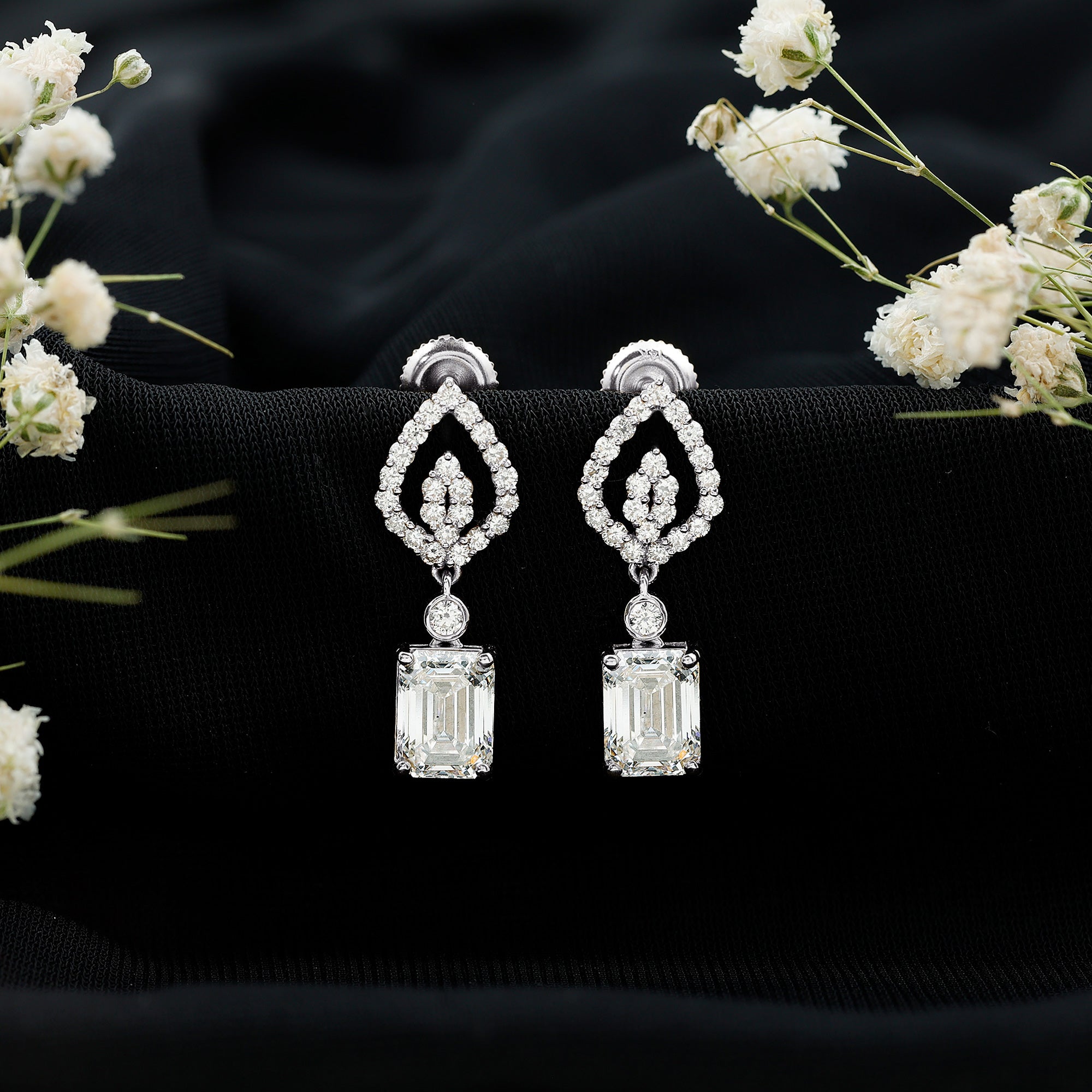 Emerald Cut Lab Grown Diamond Art Deco Drop Earrings Lab - ( EF-VS ) - Rosec Jewels