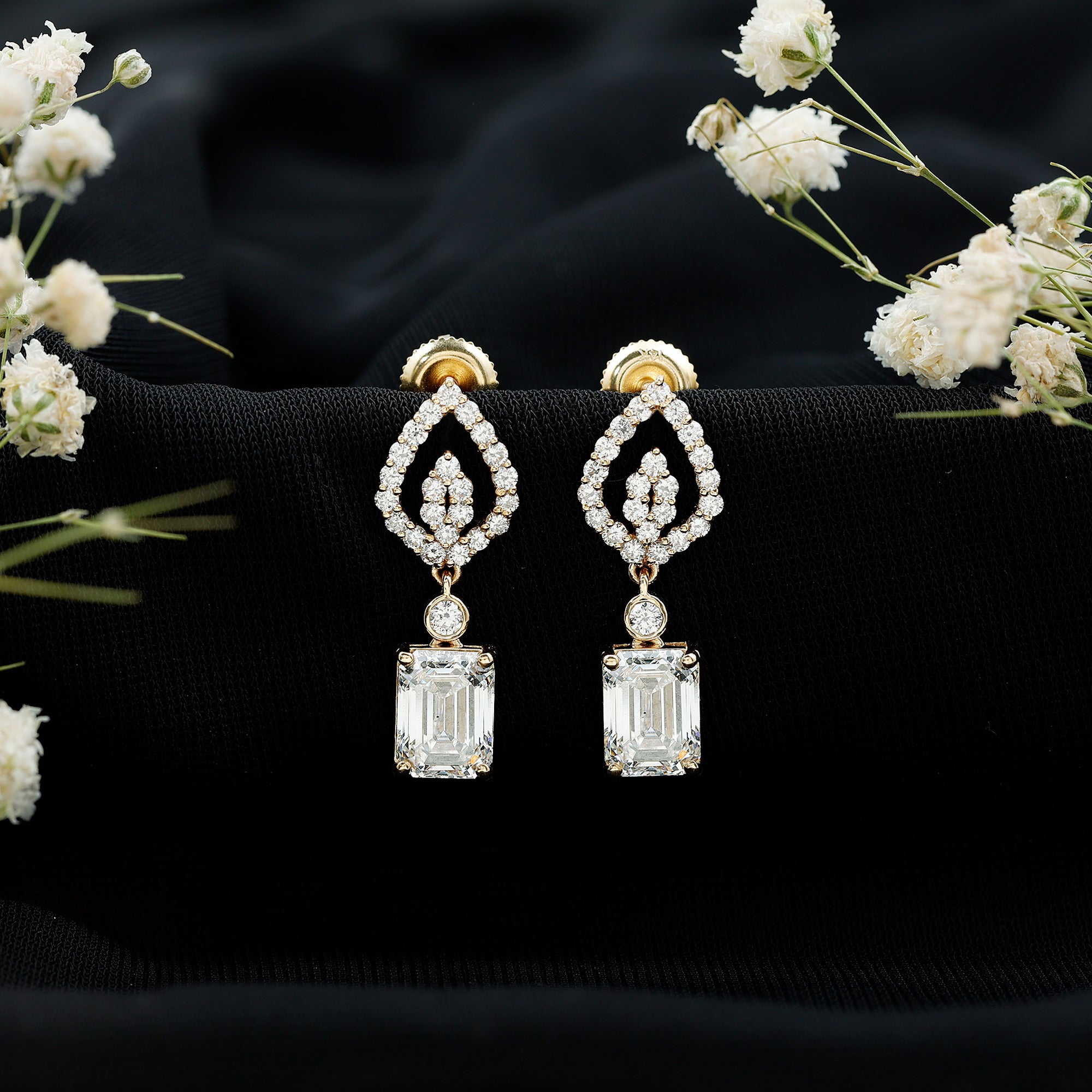Emerald Cut Lab Grown Diamond Art Deco Drop Earrings Lab - ( EF-VS ) - Rosec Jewels