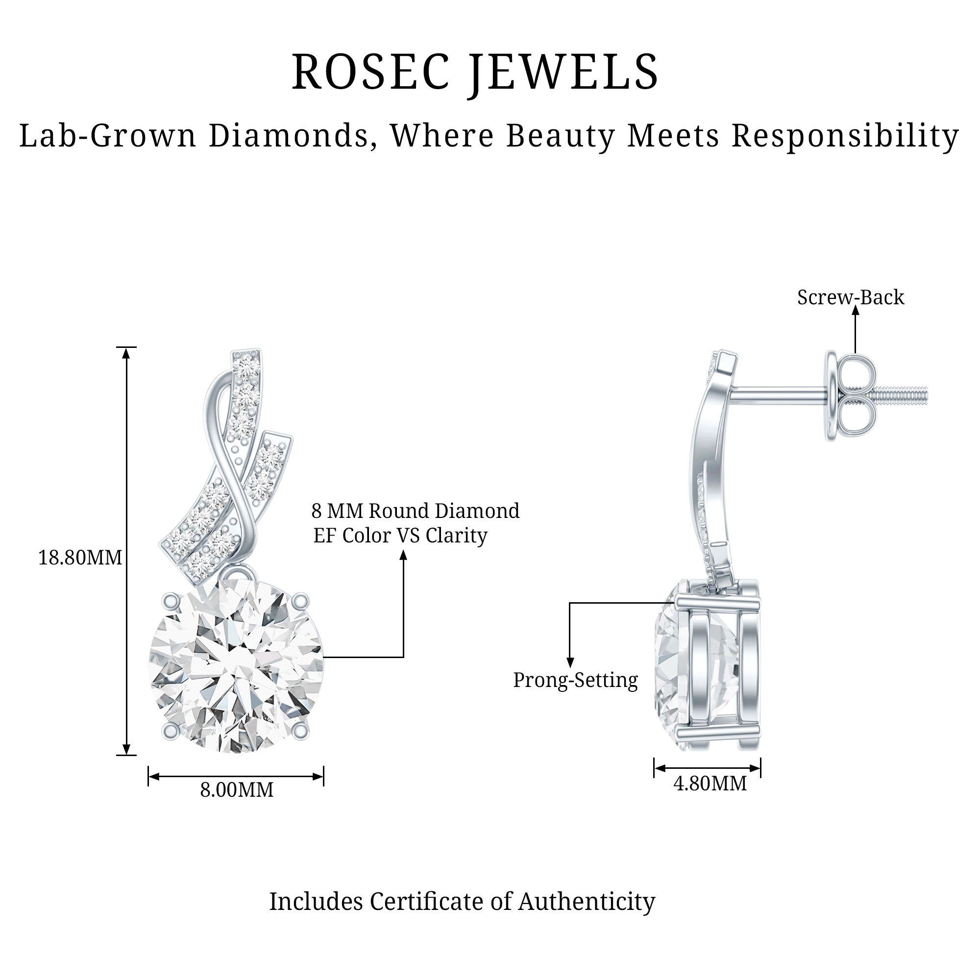 Certified Lab 8 mm Round Diamond Designer Drop Earrings Lab - ( EF-VS ) - Rosec Jewels