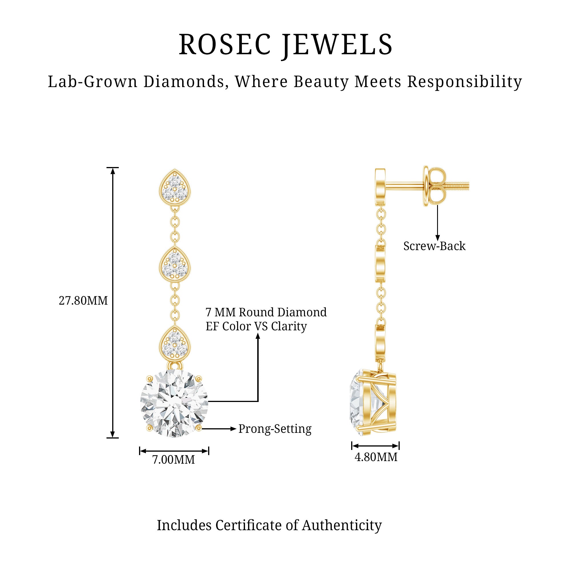 Certified Lab 7 MM Round Diamond Dangle Chain Earrings Lab - ( EF-VS ) - Rosec Jewels