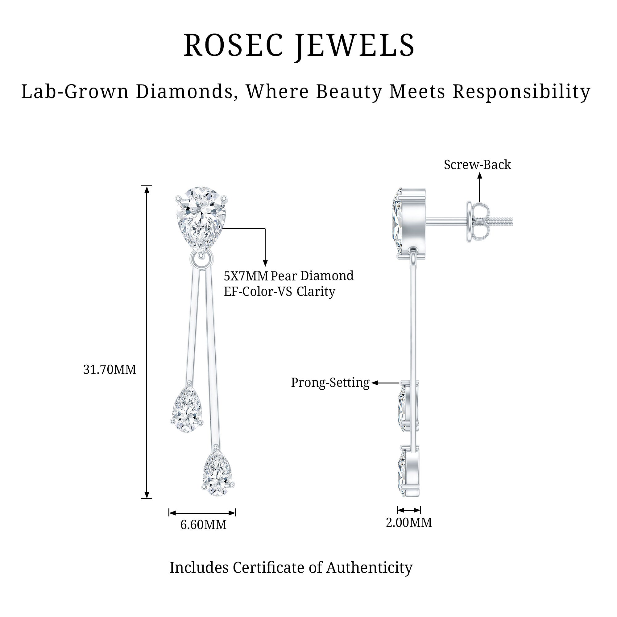 Certified Lab Grown Diamond Teardrop Dangle Earrings Lab - ( EF-VS ) - Rosec Jewels