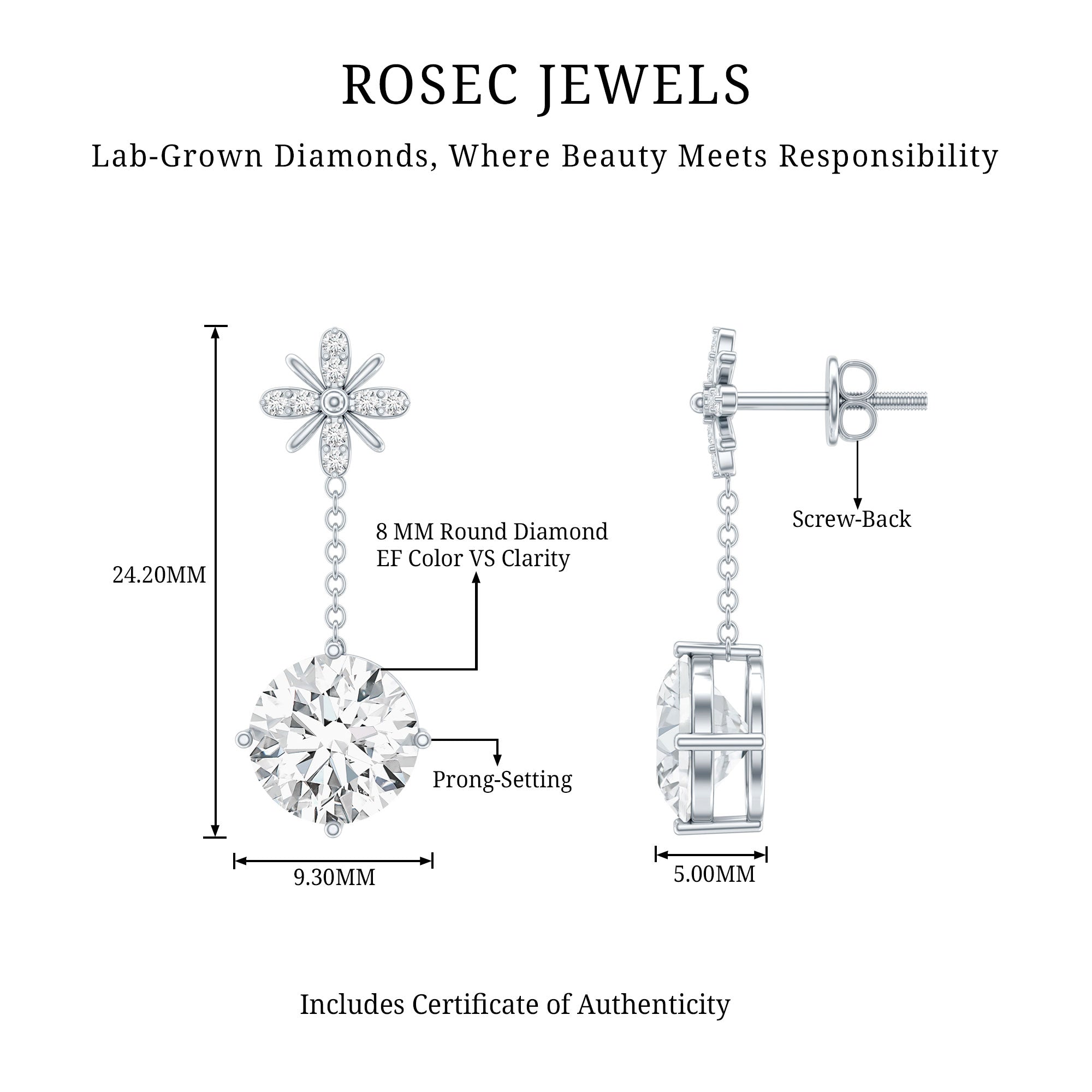 Certified 8 MM Round Lab Grown Diamond Flower Dangle Earrings Lab - ( EF-VS ) - Rosec Jewels