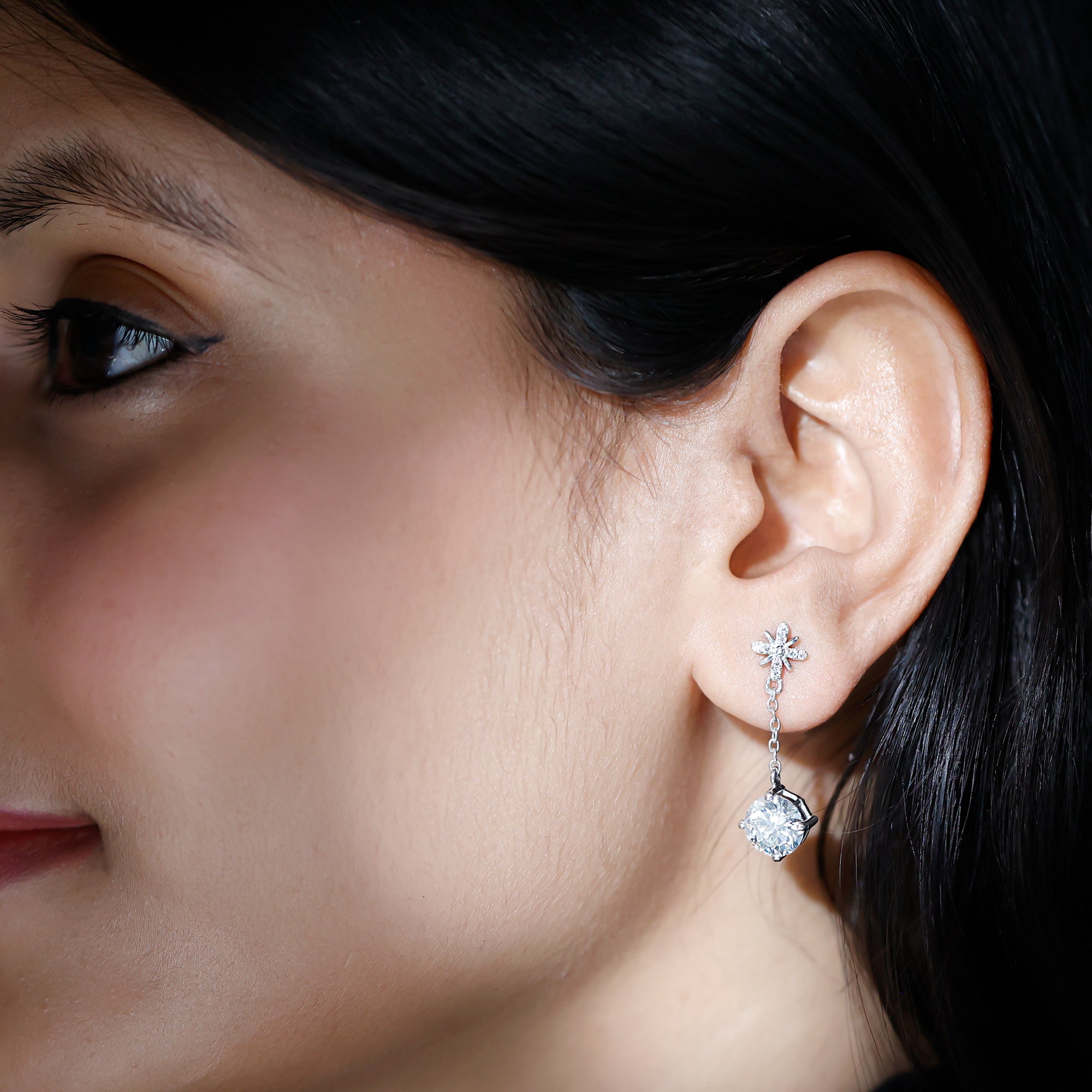 Certified 8 MM Round Lab Grown Diamond Flower Dangle Earrings Lab - ( EF-VS ) - Rosec Jewels