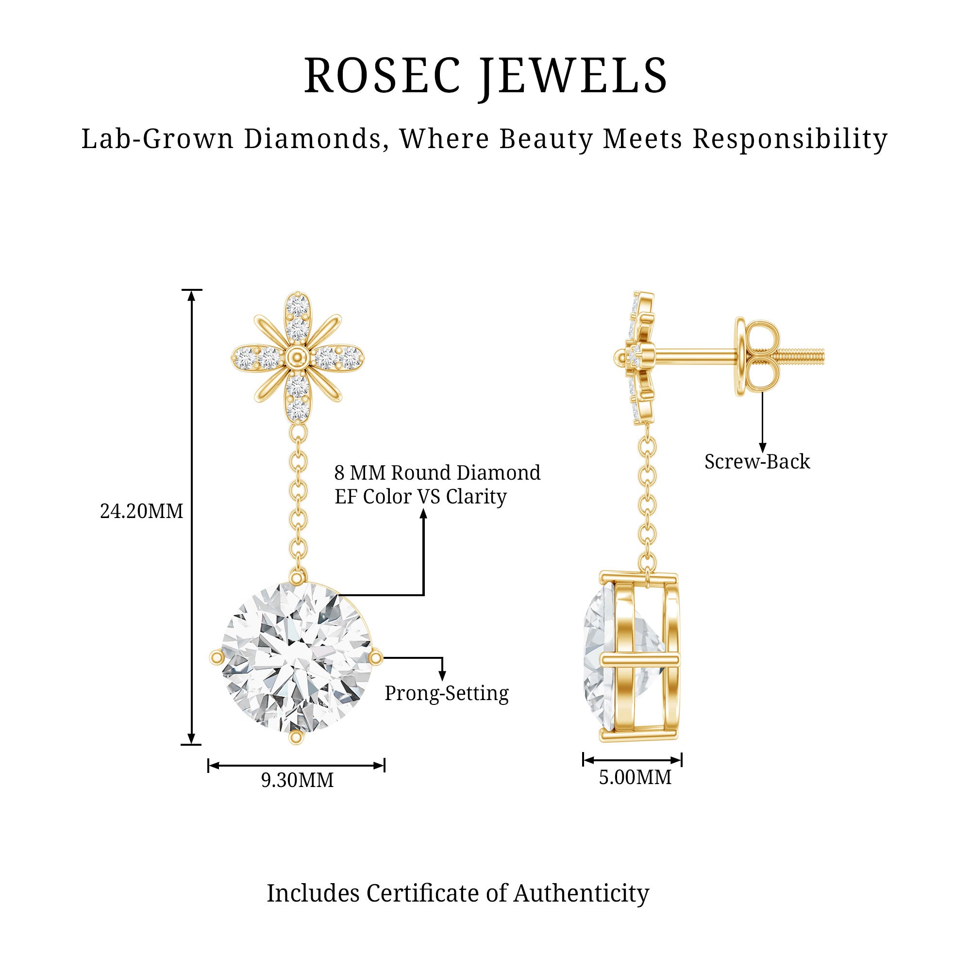 Certified 8 MM Round Lab Grown Diamond Flower Dangle Earrings Lab - ( EF-VS ) - Rosec Jewels