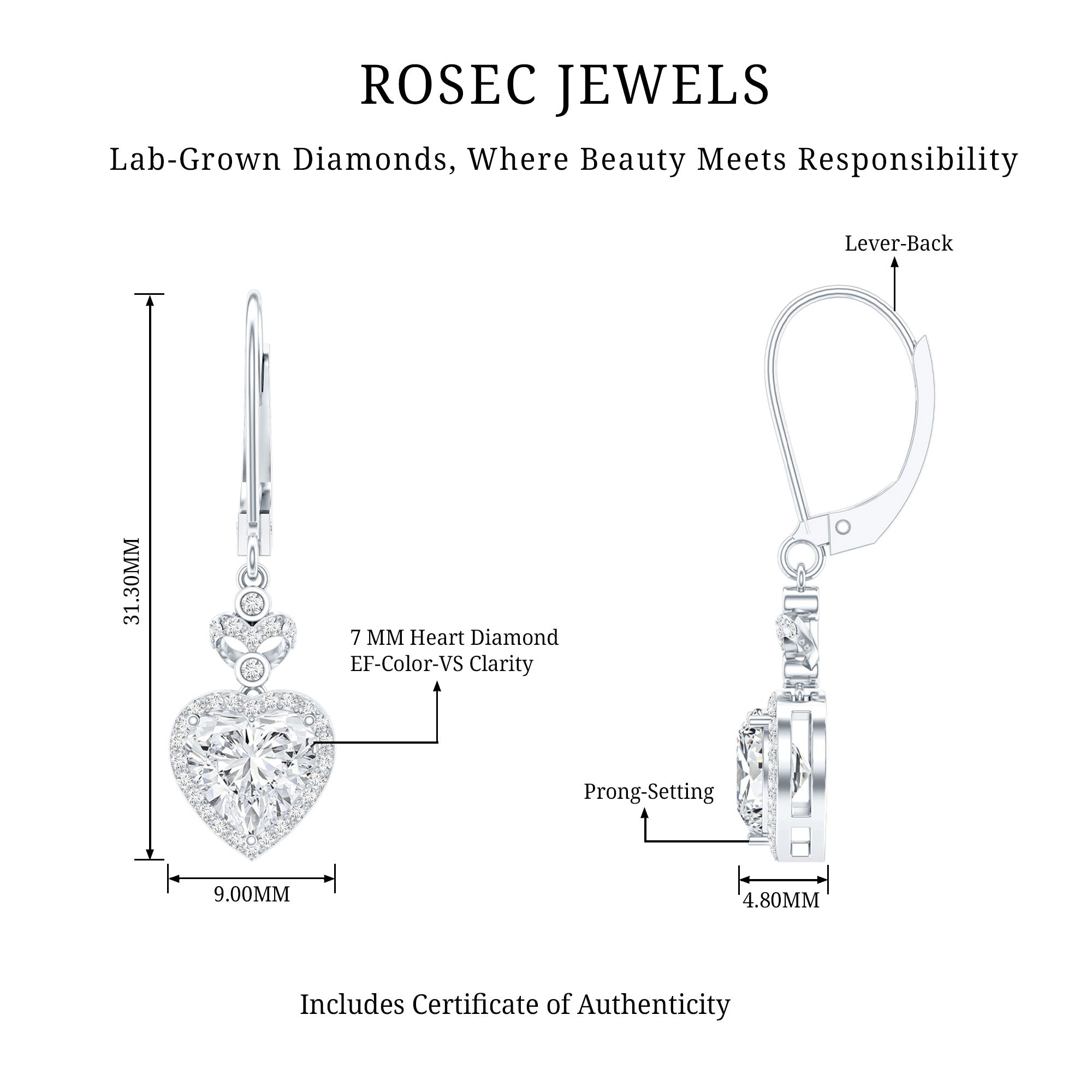 Certified 7MM Lab Grown Diamond Heart Drop Earrings Lab - ( EF-VS ) - Rosec Jewels