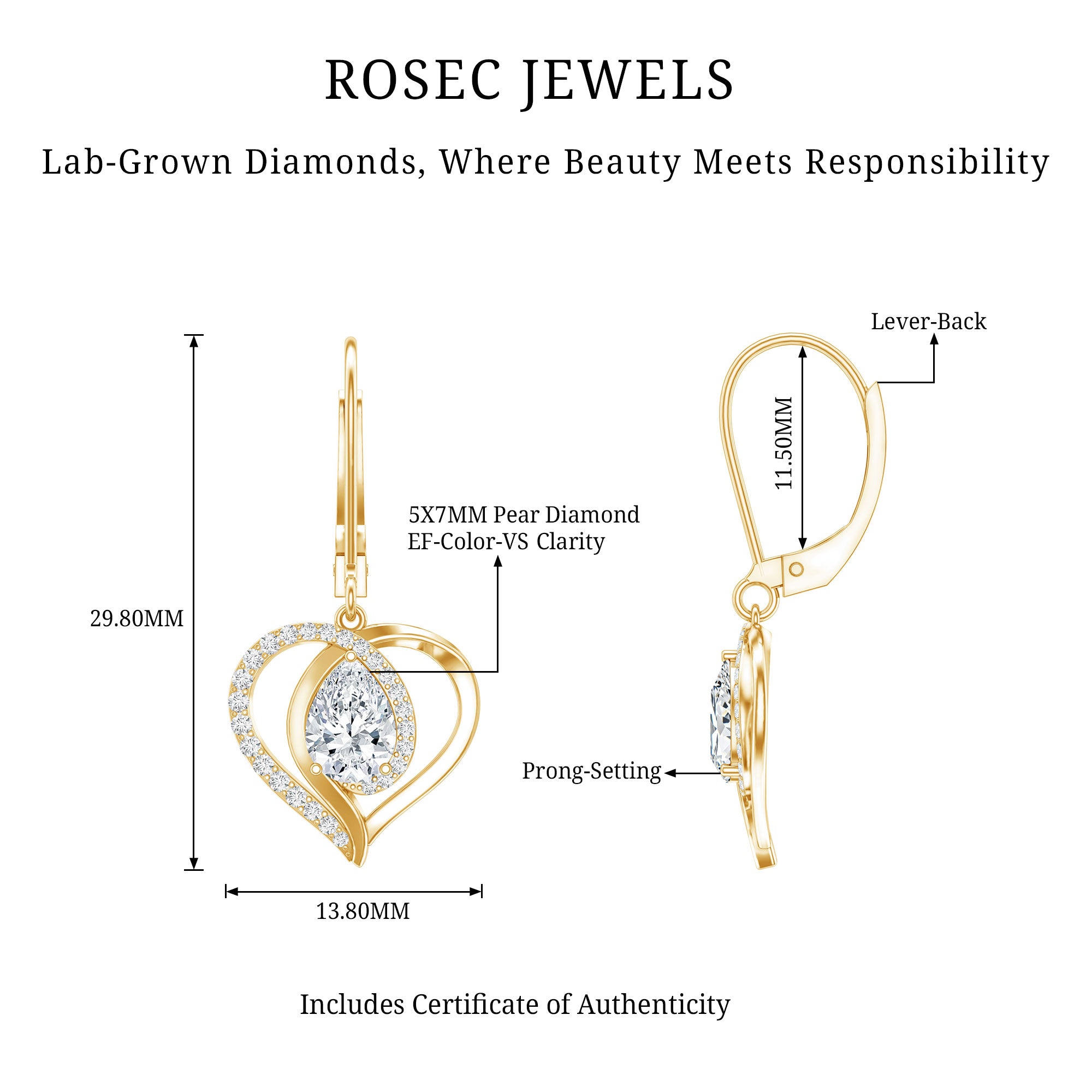 Certified 5X7MM Pear Lab Grown Diamond Heart Drop Earrings Lab - ( EF-VS ) - Rosec Jewels