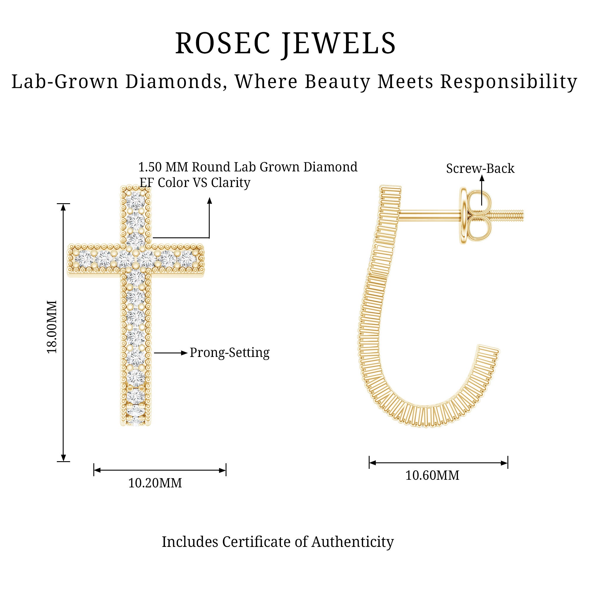 Lab Grown Diamond Religious Cross Earrings with Screw back Lab - ( EF-VS ) - Rosec Jewels