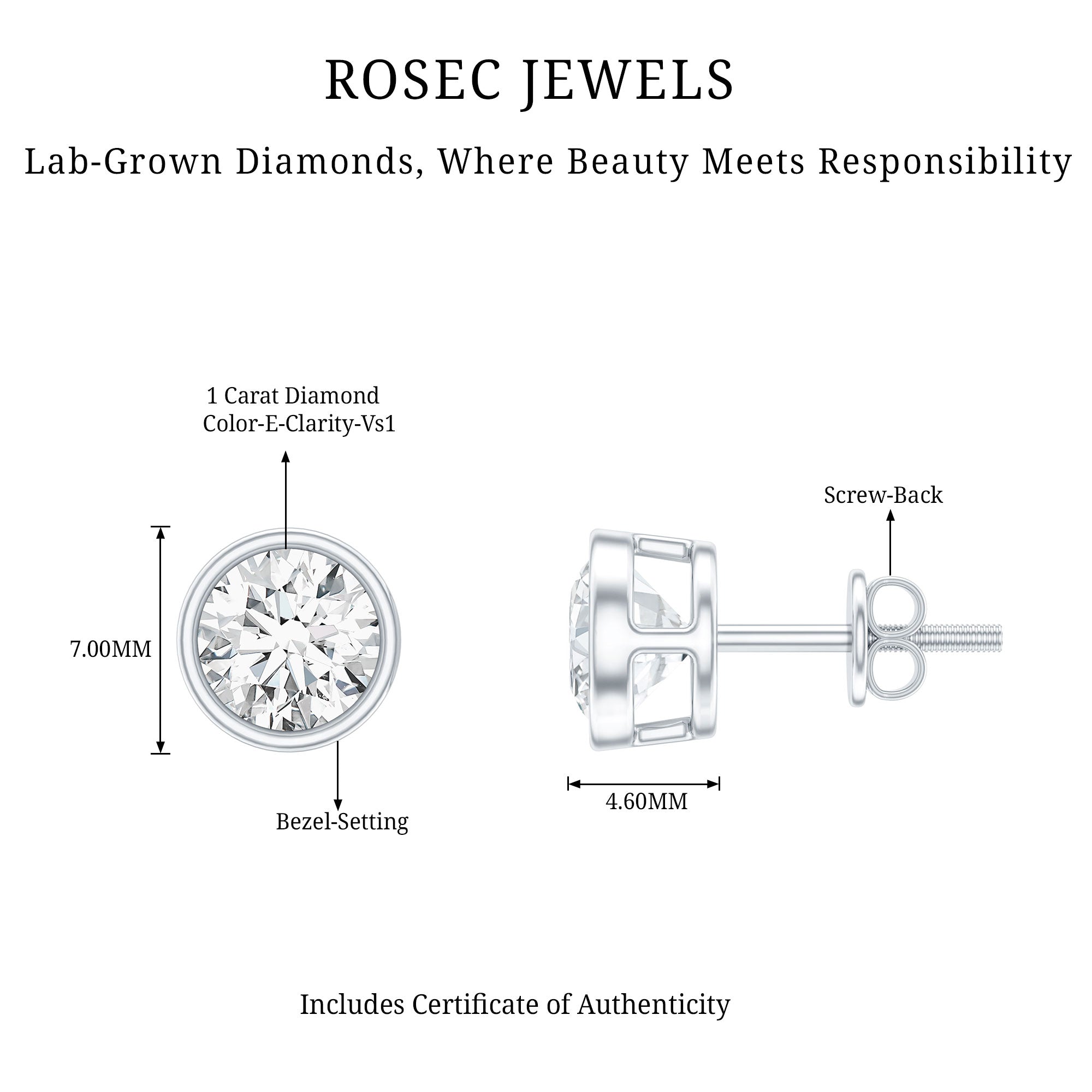 IGI Certified 2 CT Lab Grown Diamond Solitaire Stud Earrings Lab - ( E-VS1 ) - Rosec Jewels