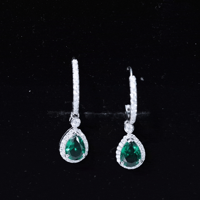 Lab Grown Emerald Hoop Drop Earrings With Moissanite Halo AAAA - Rosec Jewels
