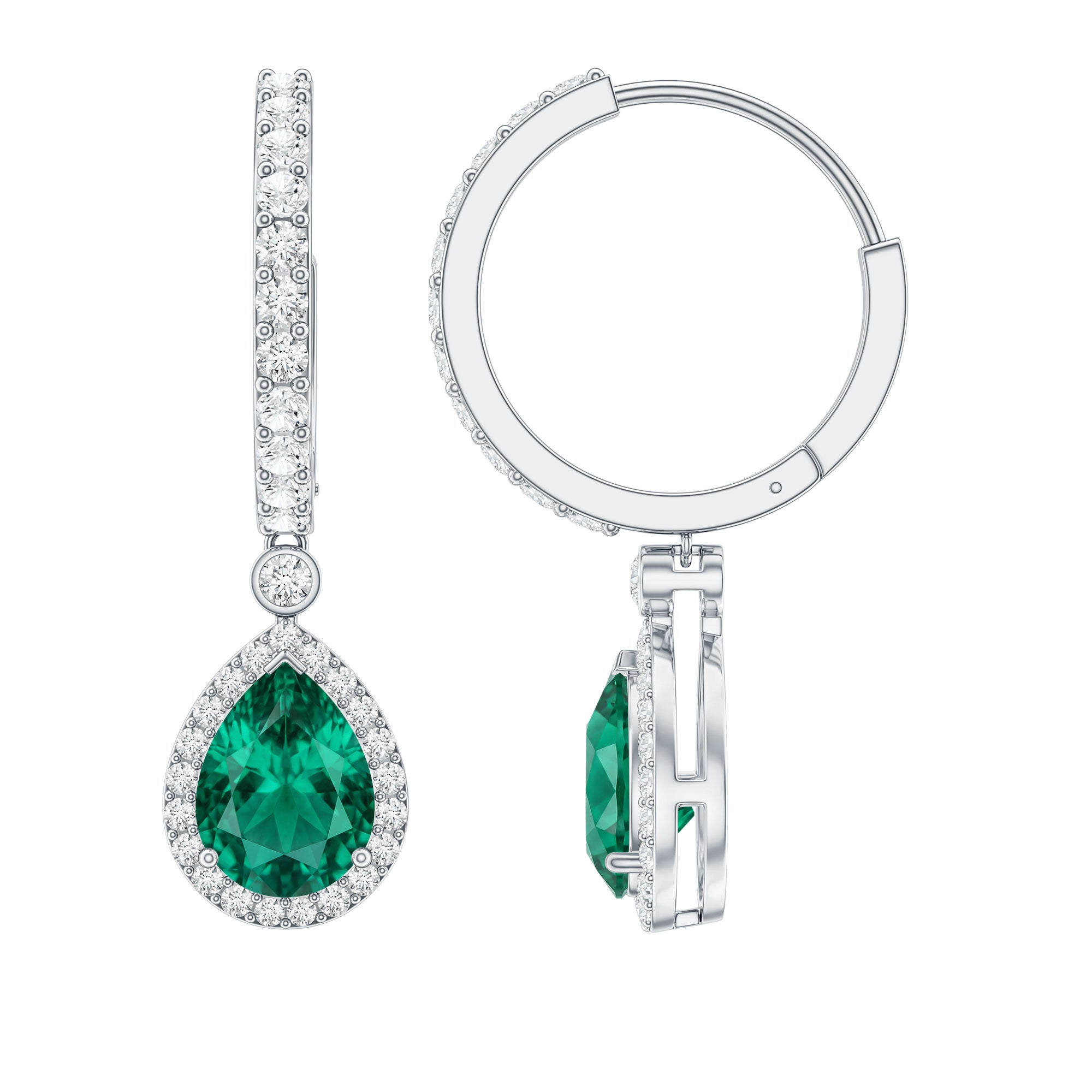 Lab Grown Emerald Hoop Drop Earrings With Moissanite Halo AAAA - Rosec Jewels