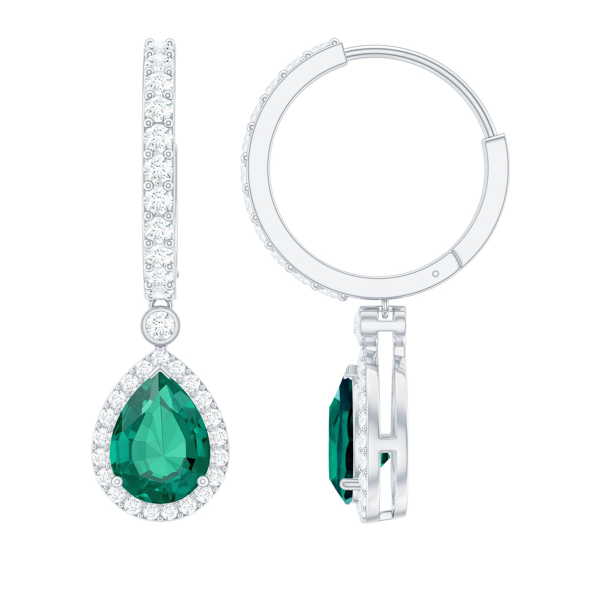 Lab Grown Emerald Hoop Drop Earrings With Moissanite Halo